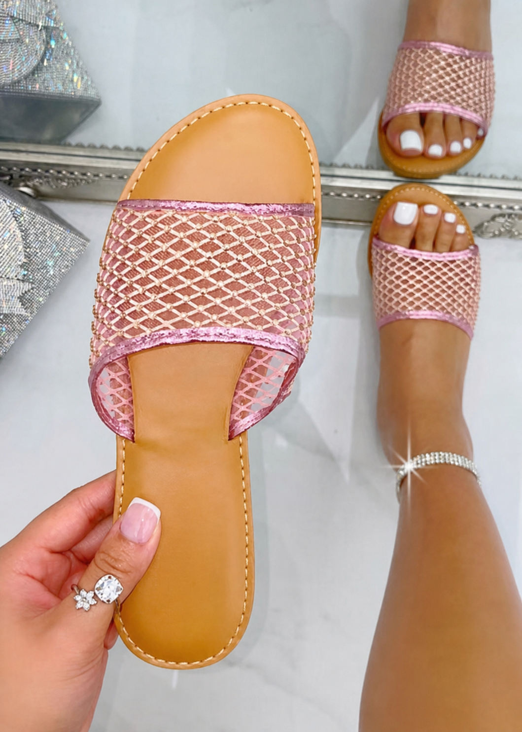 Love Pink Crystal Gem Mesh Sliders
