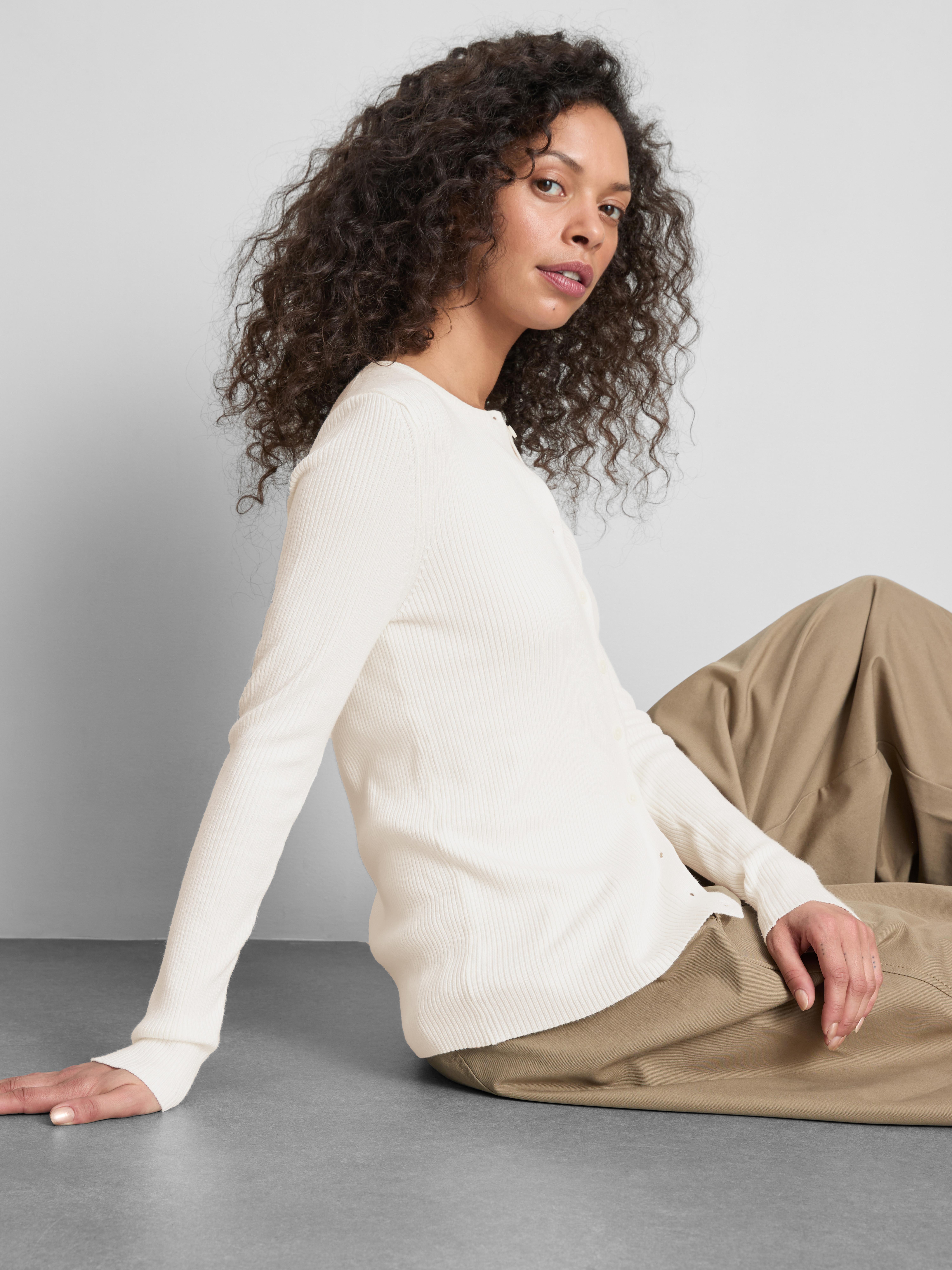 Ribbed Round Neck Cardigan - Ivory