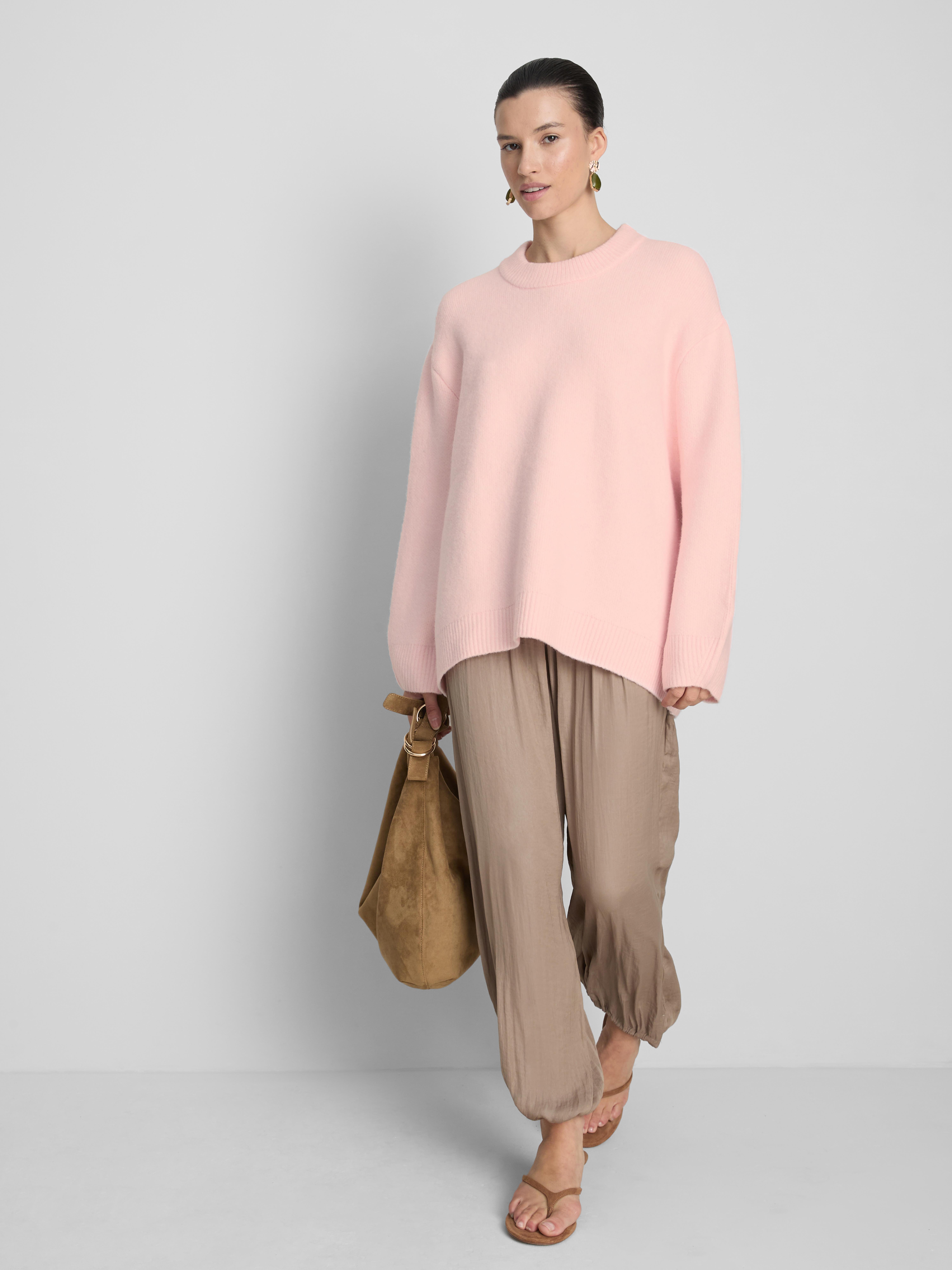 Wool Blend Oversized Crew Neck Sweater - Light Pink