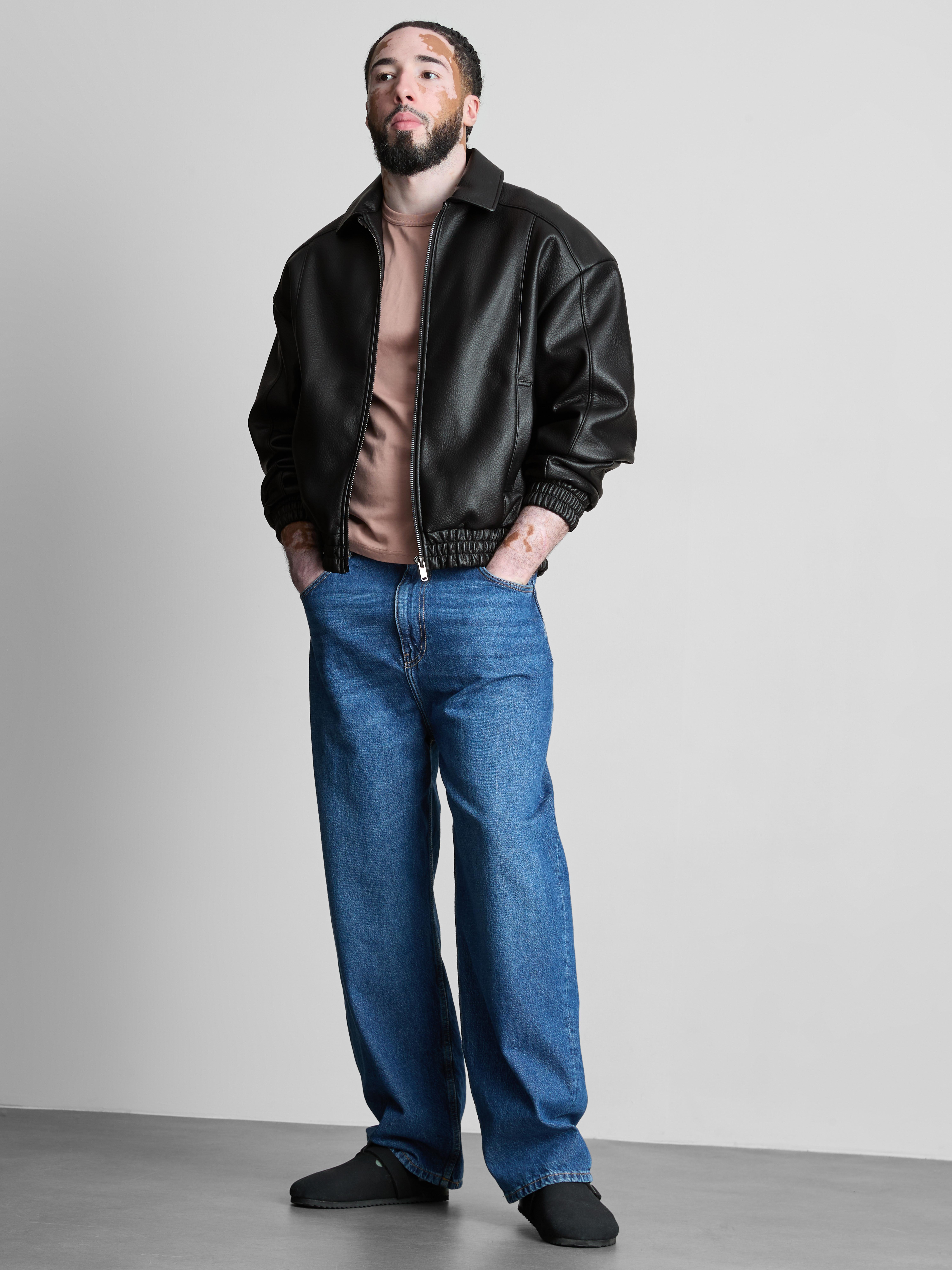 Faux Leather Bomber Jacket - Black