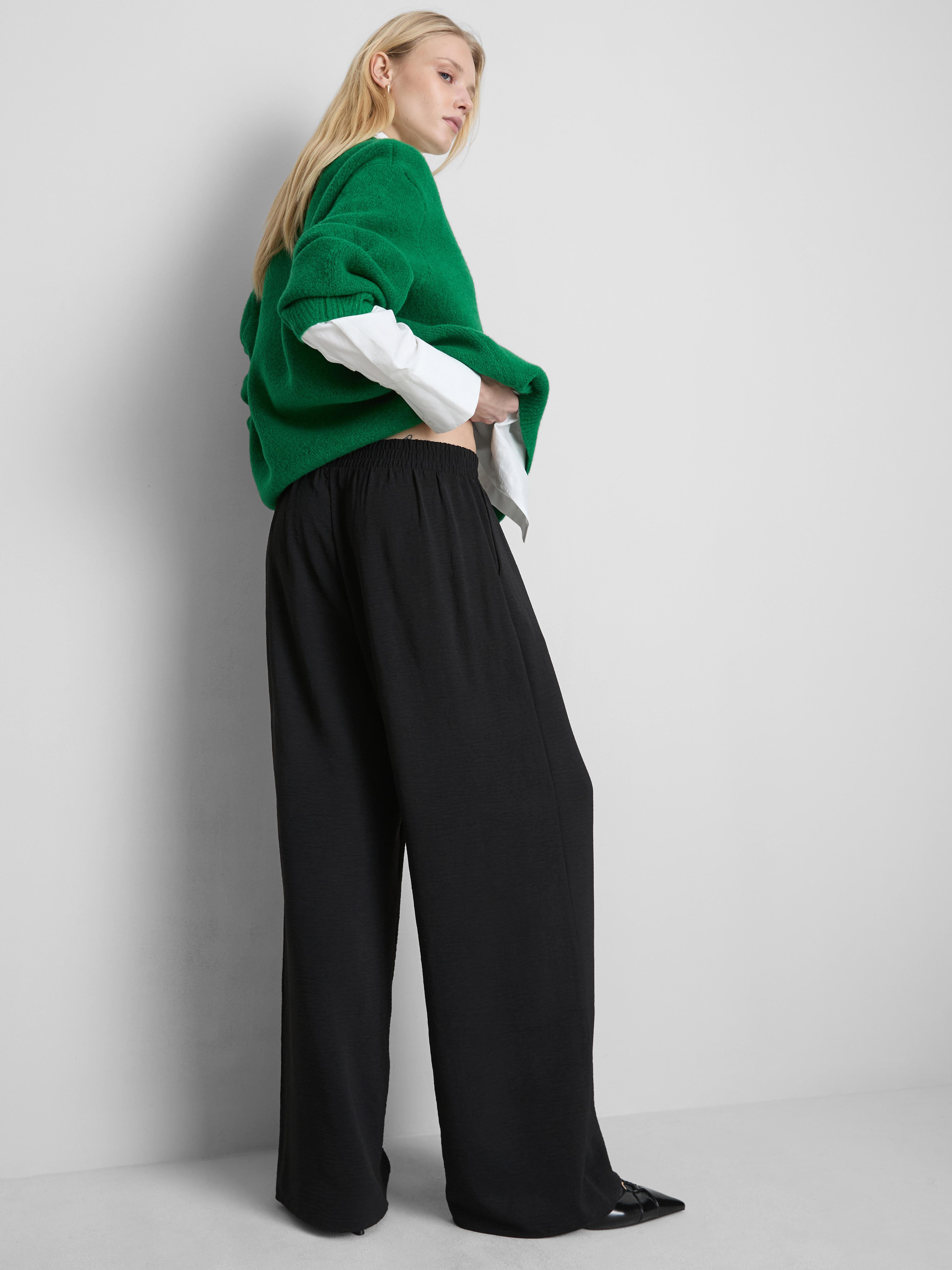Elastic Waist Wide-Leg Pants - Black