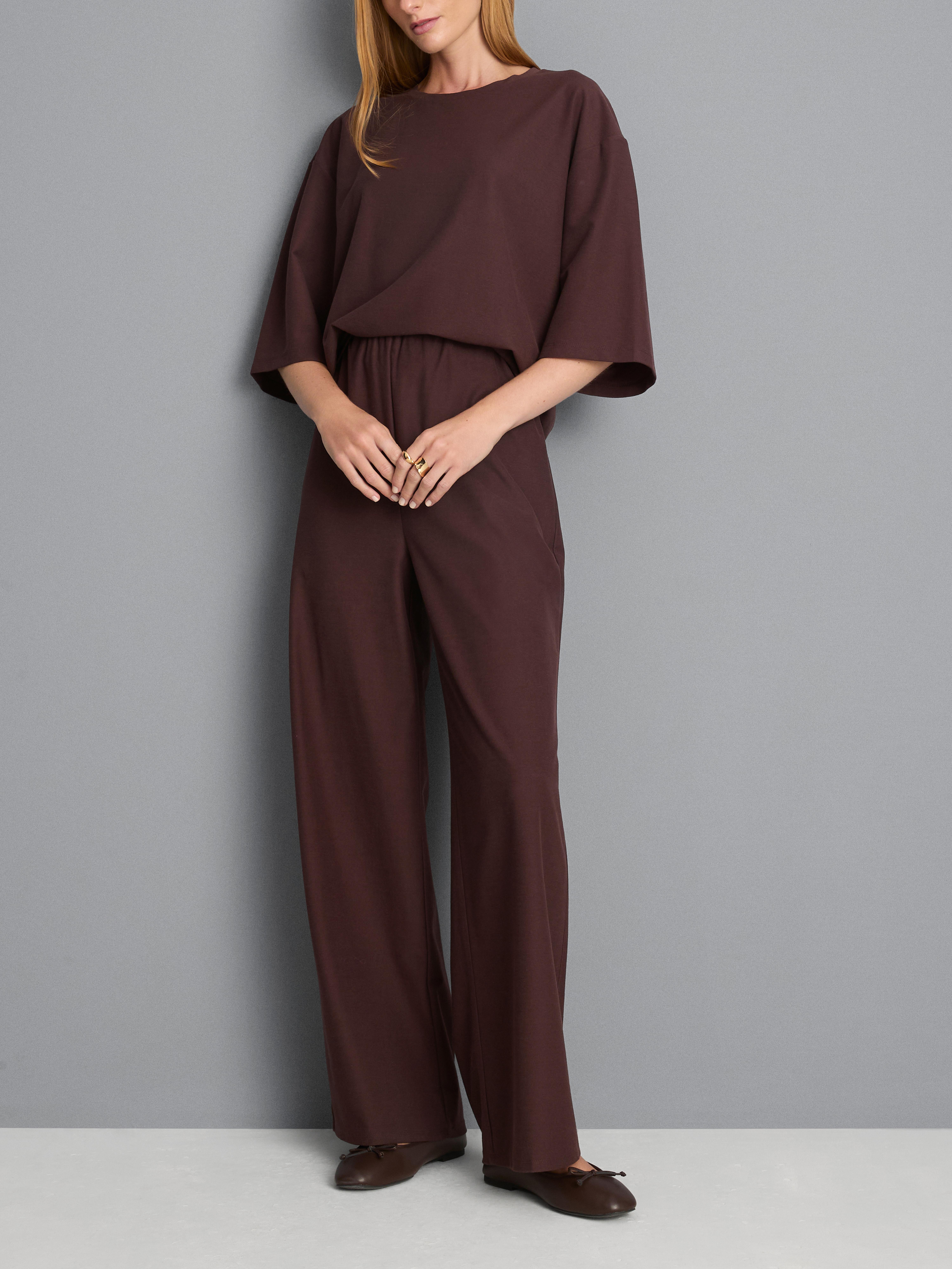 Cotton Blend Wide Leg Drawstring Pants - Brown