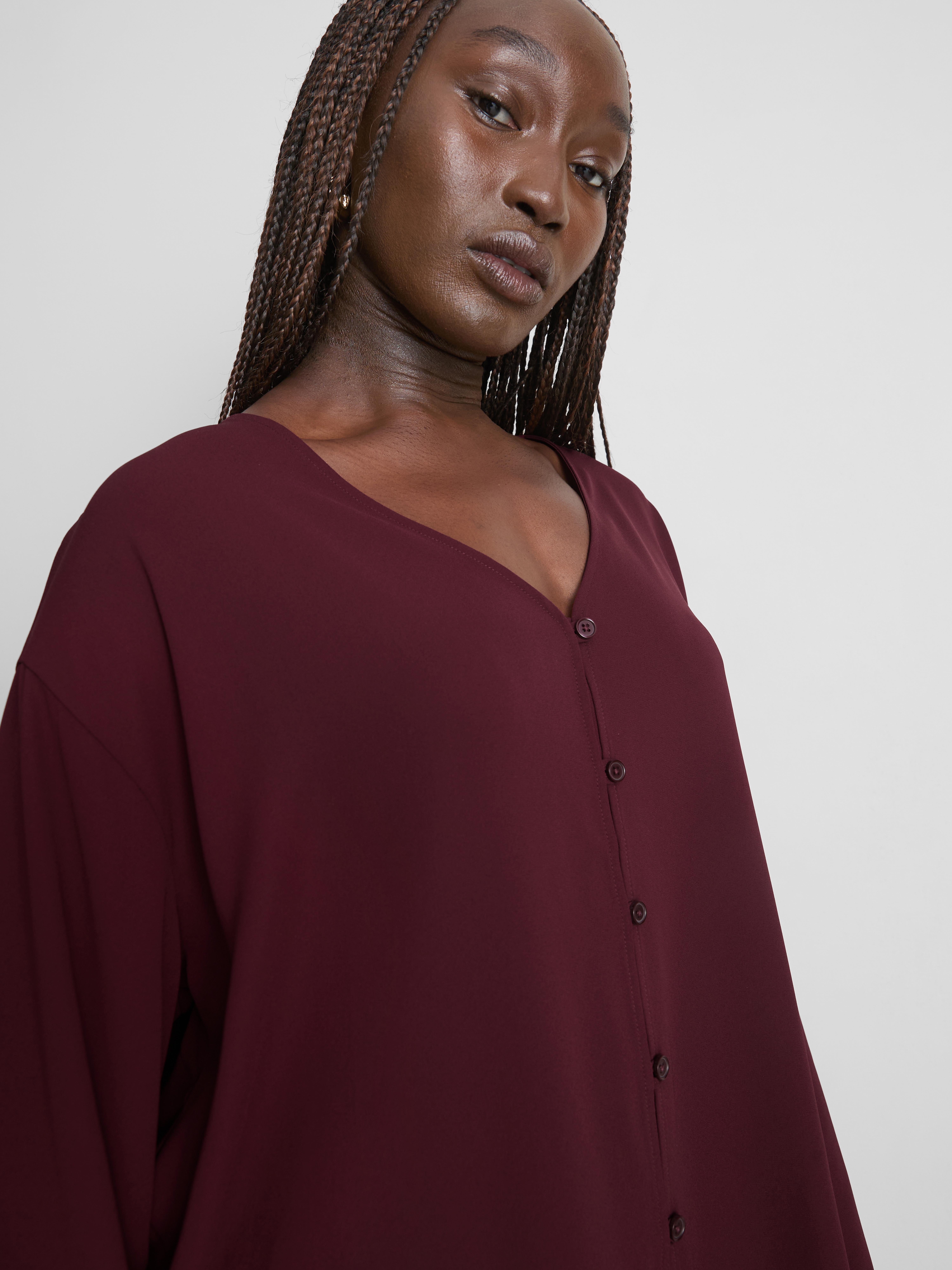 Crepe V-Neck Blouse - Burgundy