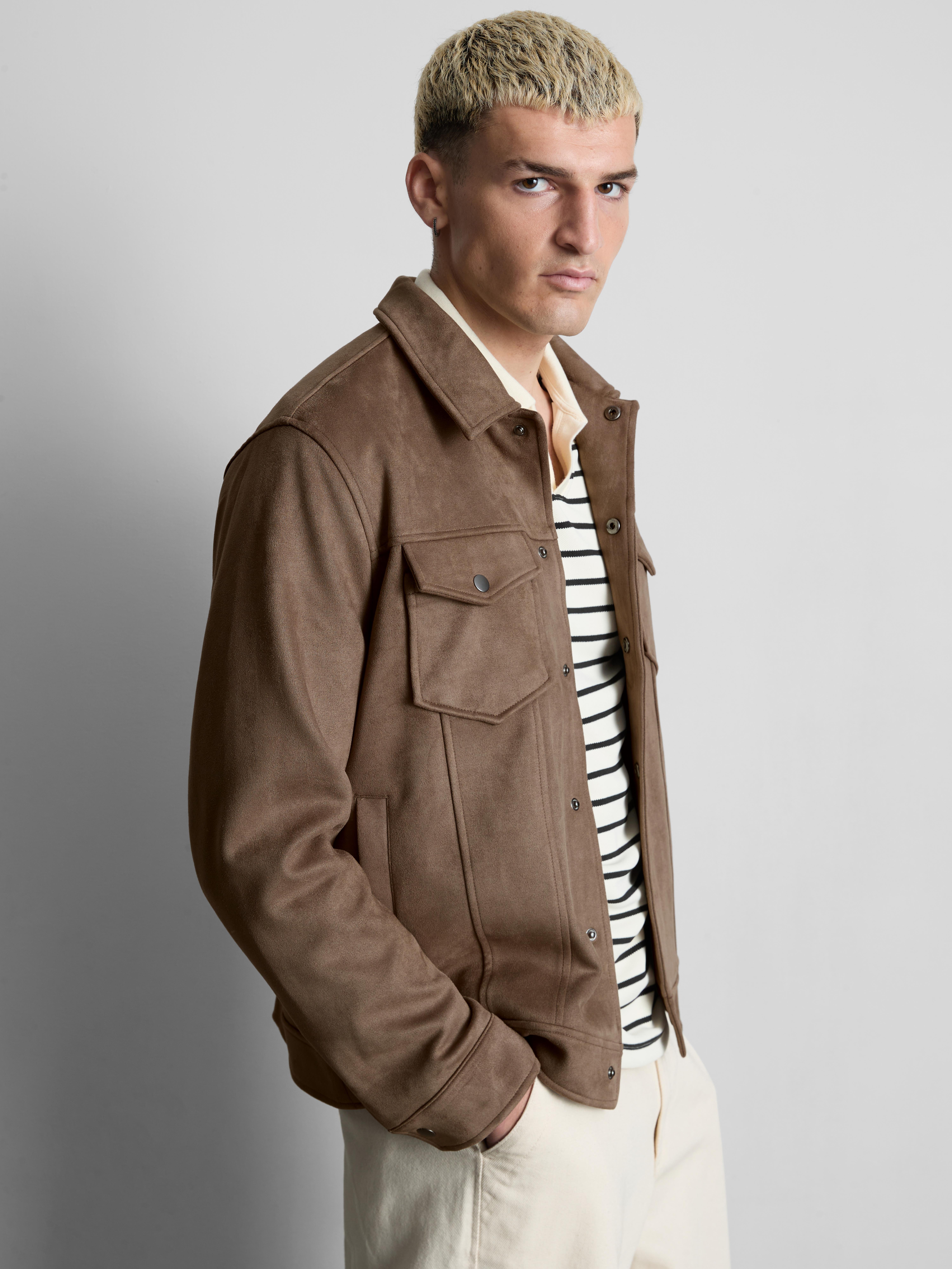 Faux Suede Trucker Jacket - Taupe