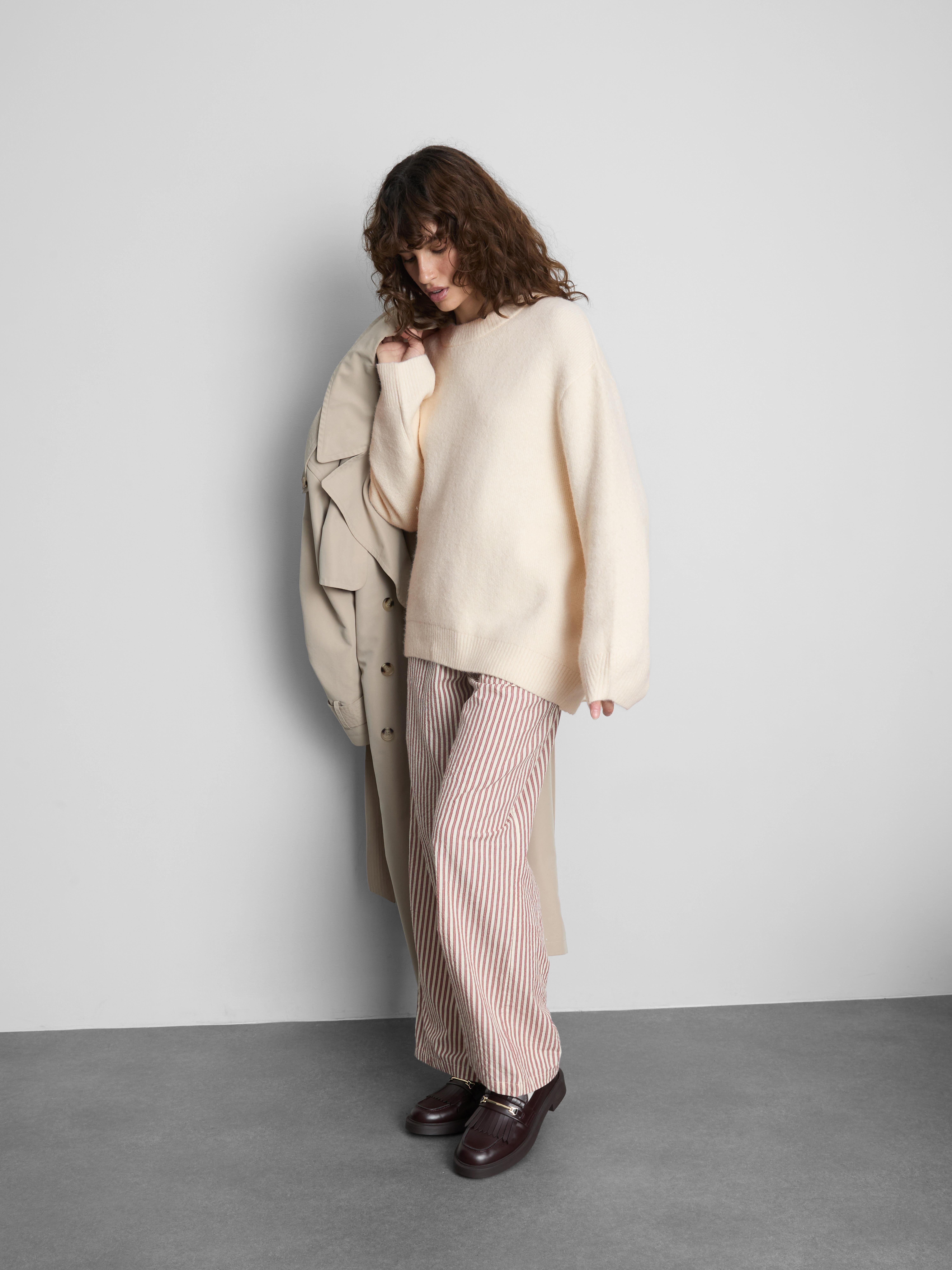 Wool Blend Oversized Crew Neck Sweater - Cream