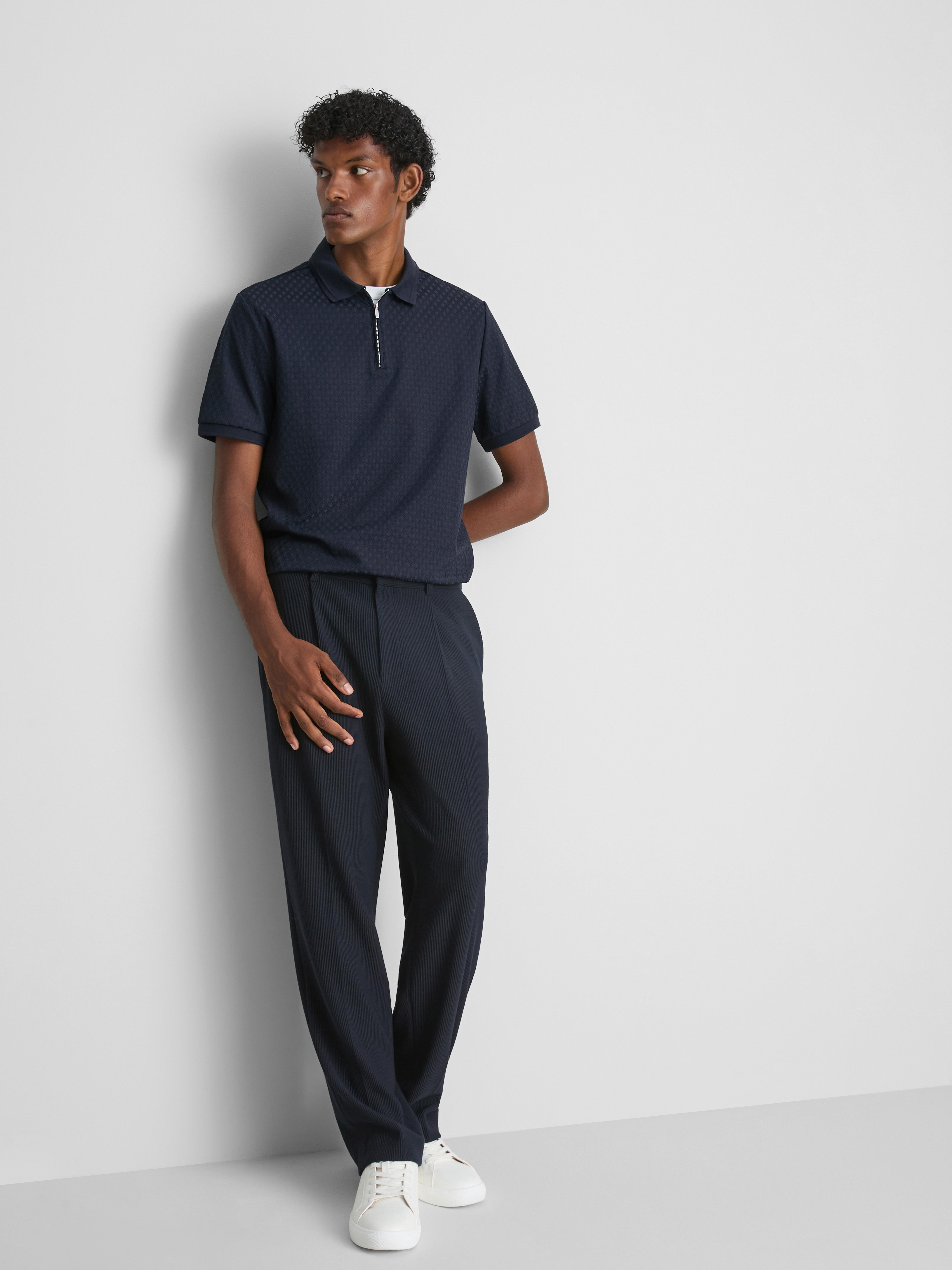 The Edit Textured Zip Polo Shirt - Navy