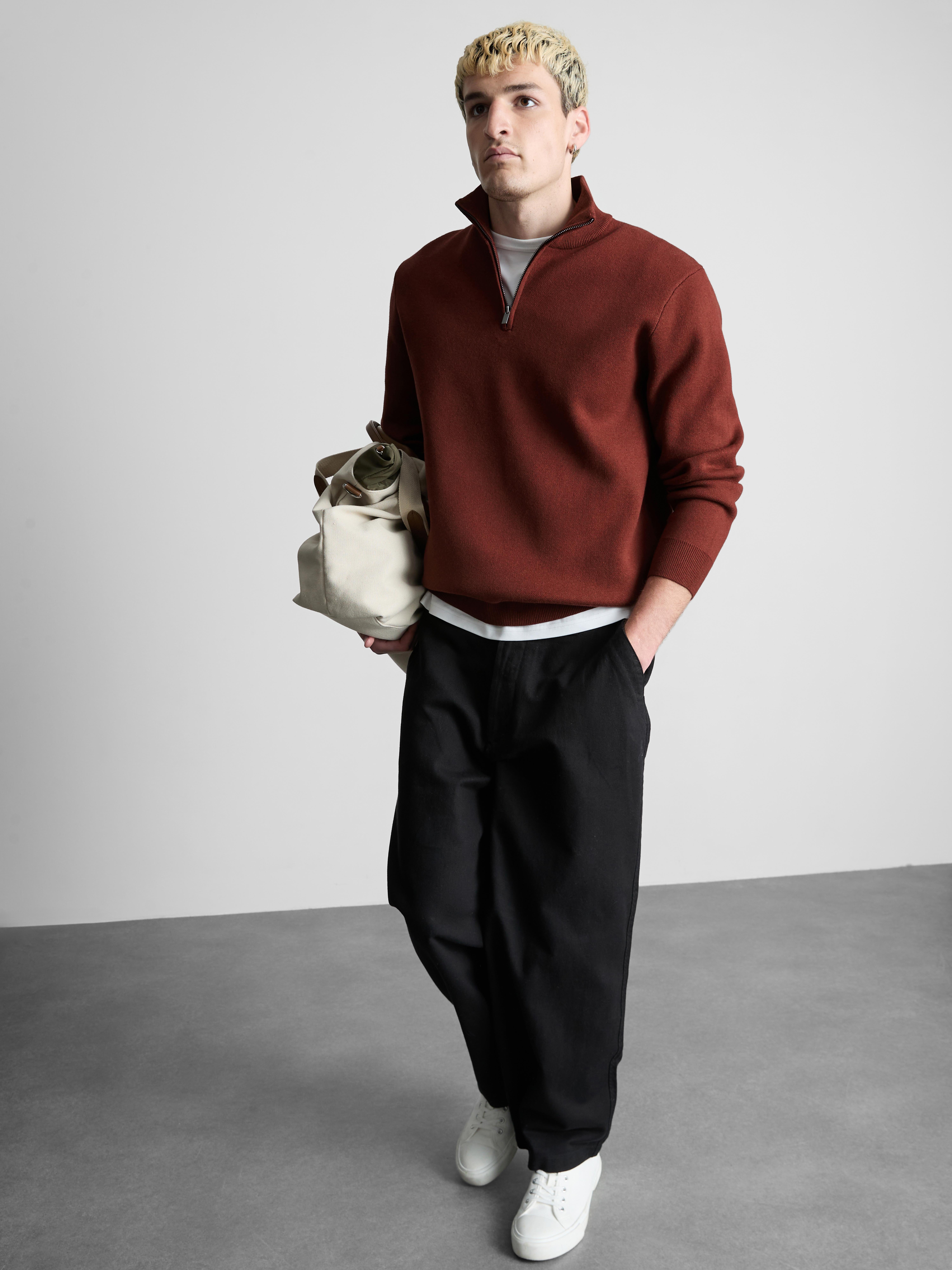Zip Neck Knitted Sweater - Red