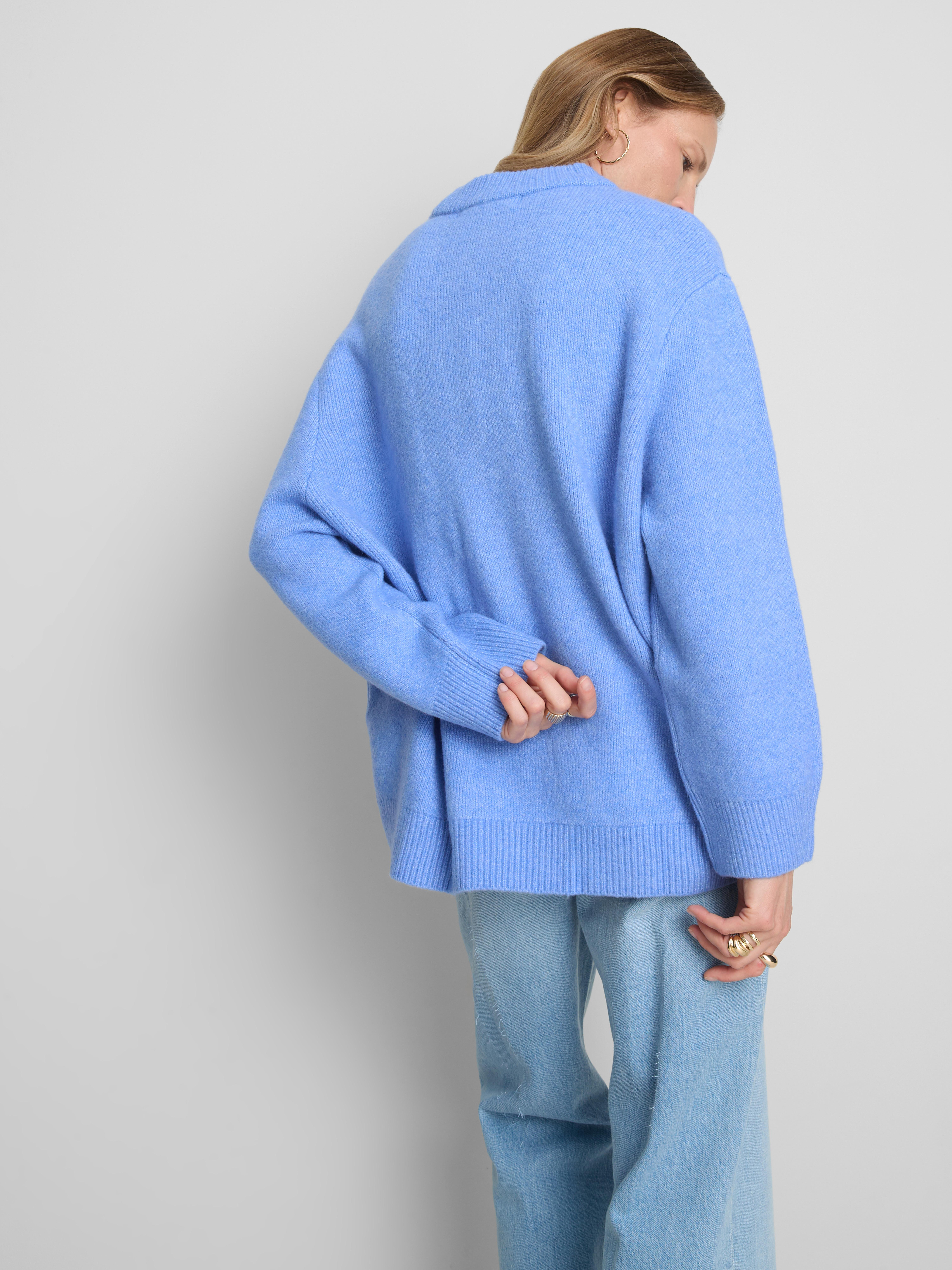 Wool Blend Oversized Crew Neck Sweater - Blue