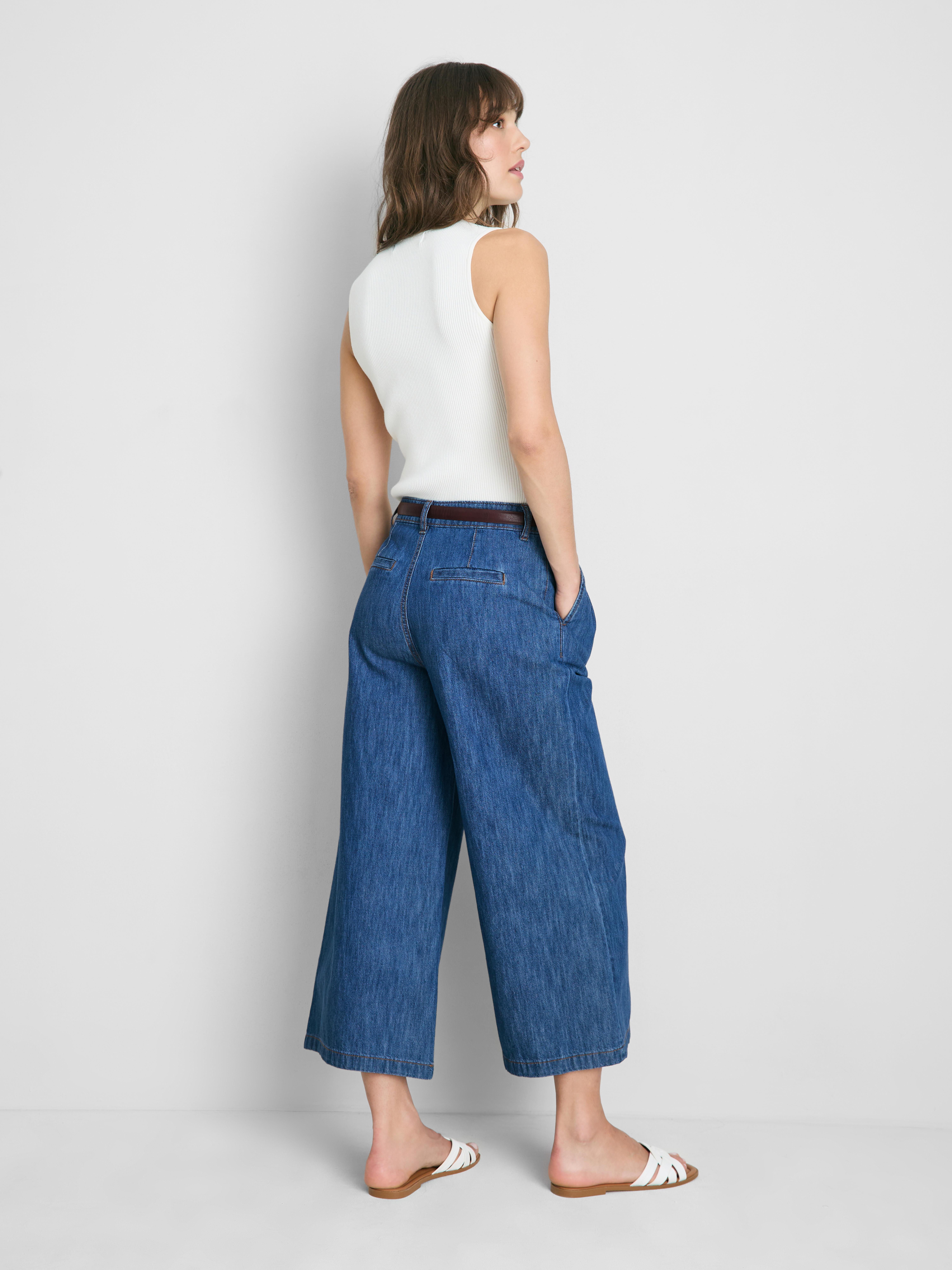 Cotton Denim Belted Culotte Pants - Mid Blue