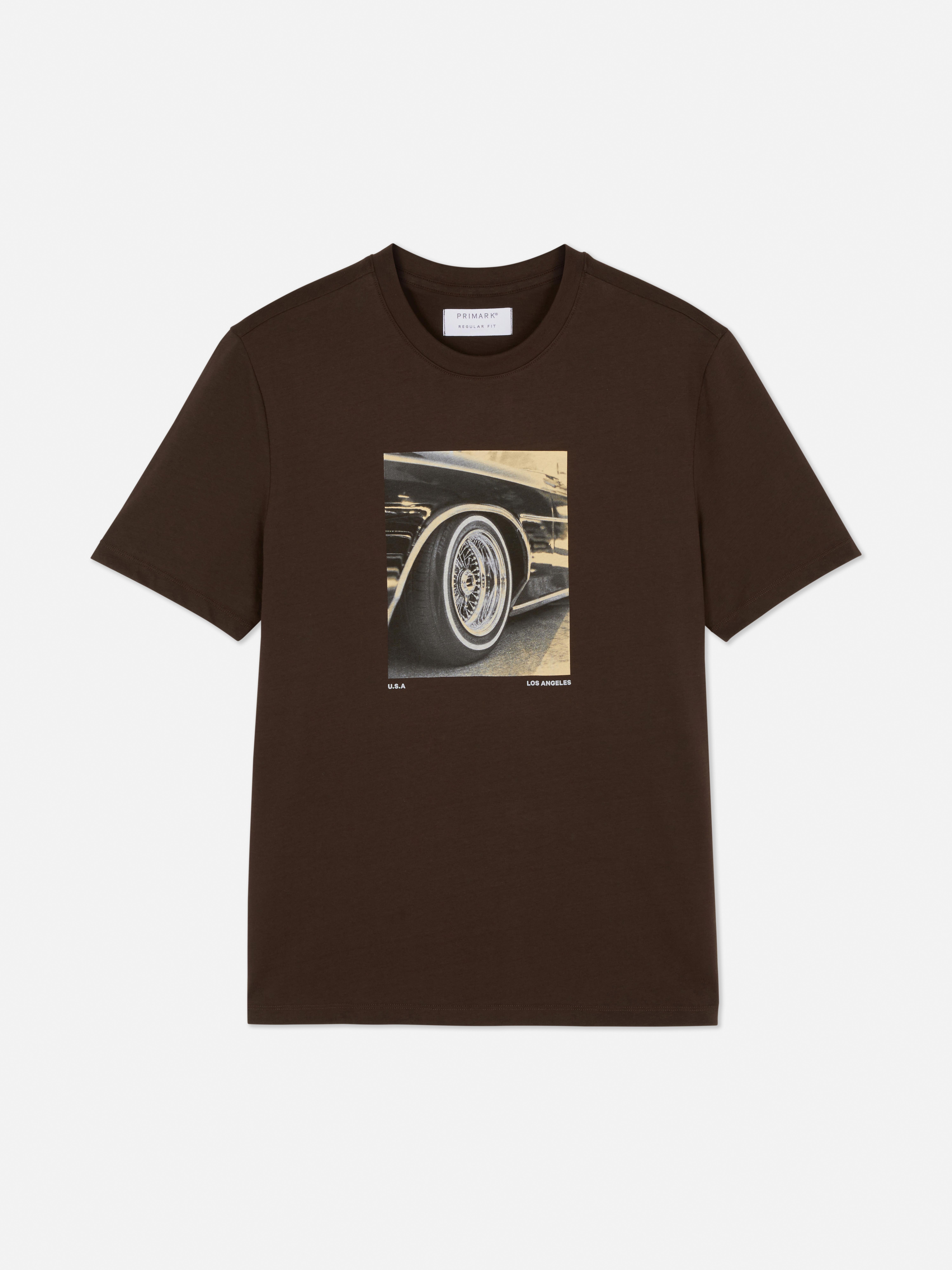 Car Wheel Graphic Short Sleeve T-Shirt - Brown