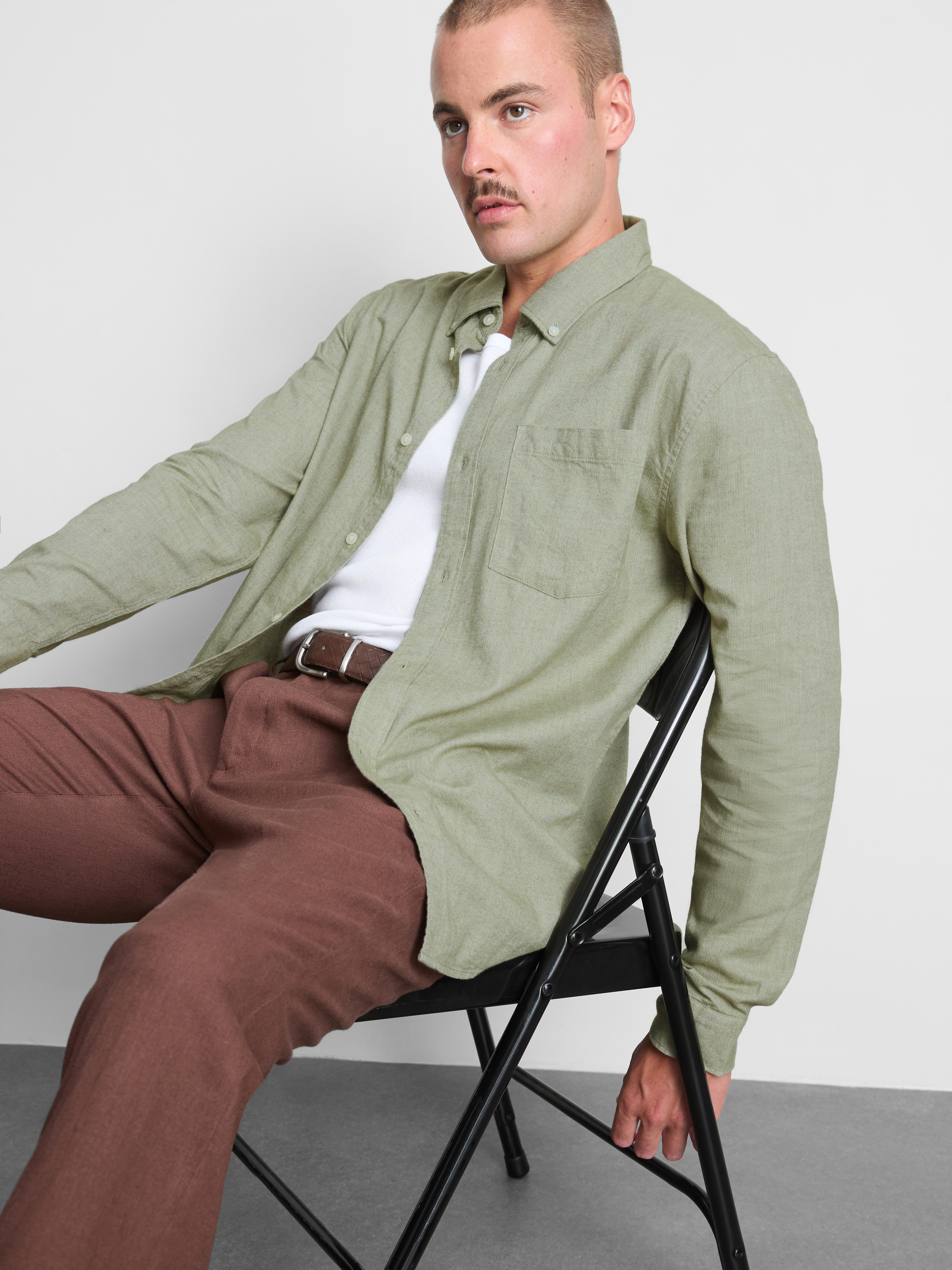 Pure Cotton Button-Down Shirt - Green