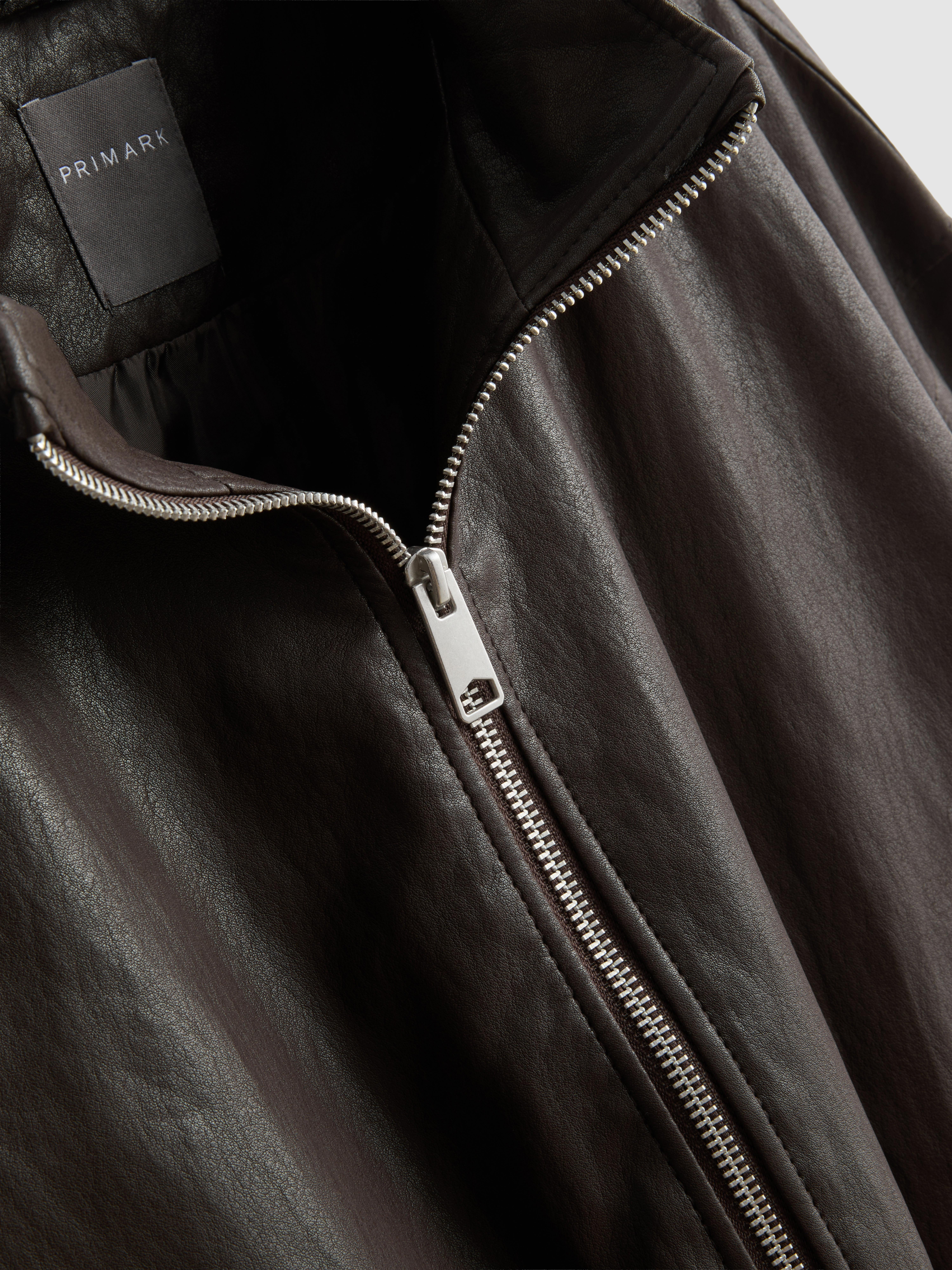Faux Leather Funnel Jacket - Dark Brown