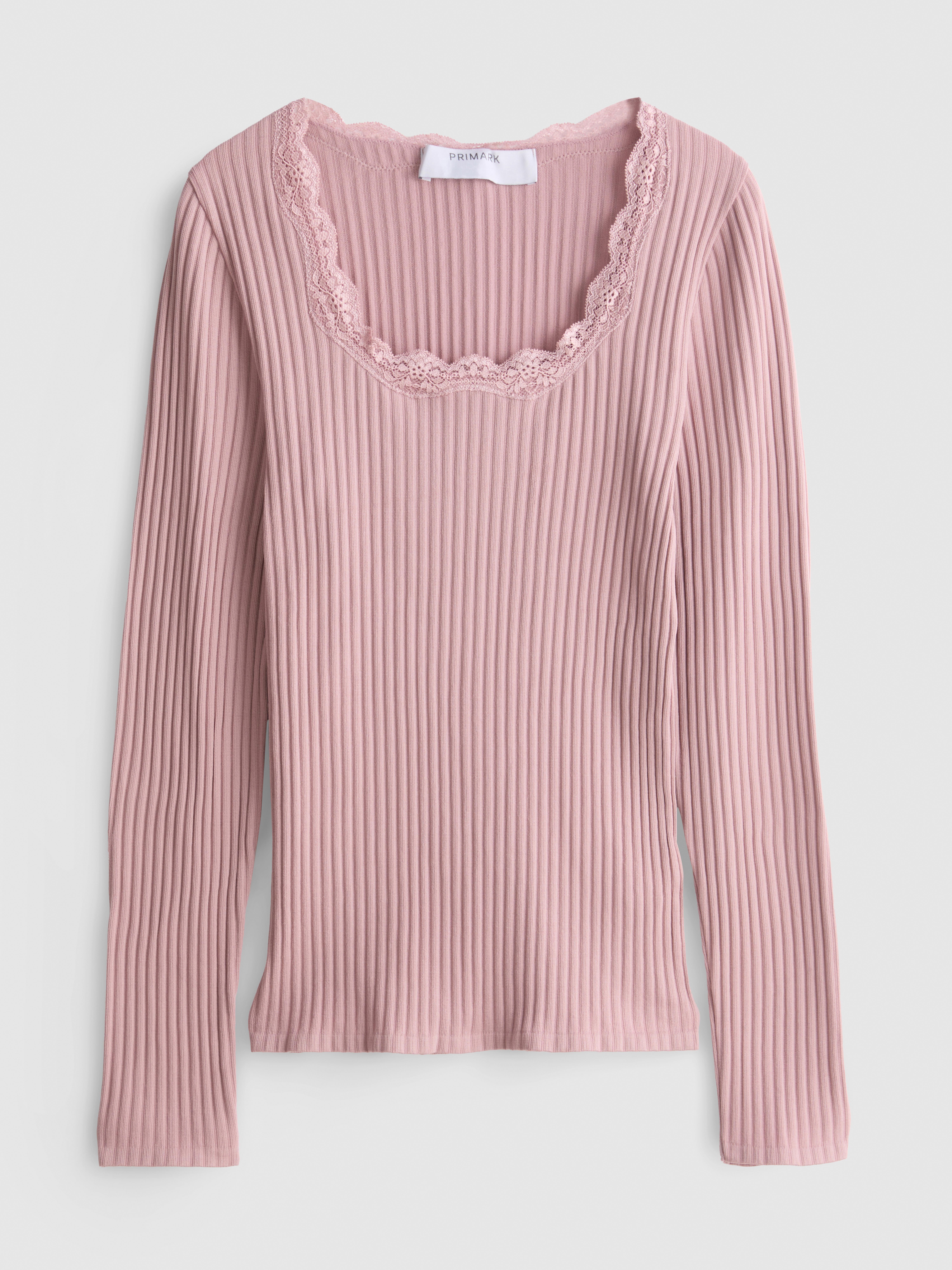Ribbed Long-Sleeve Squareneck Top - Pink