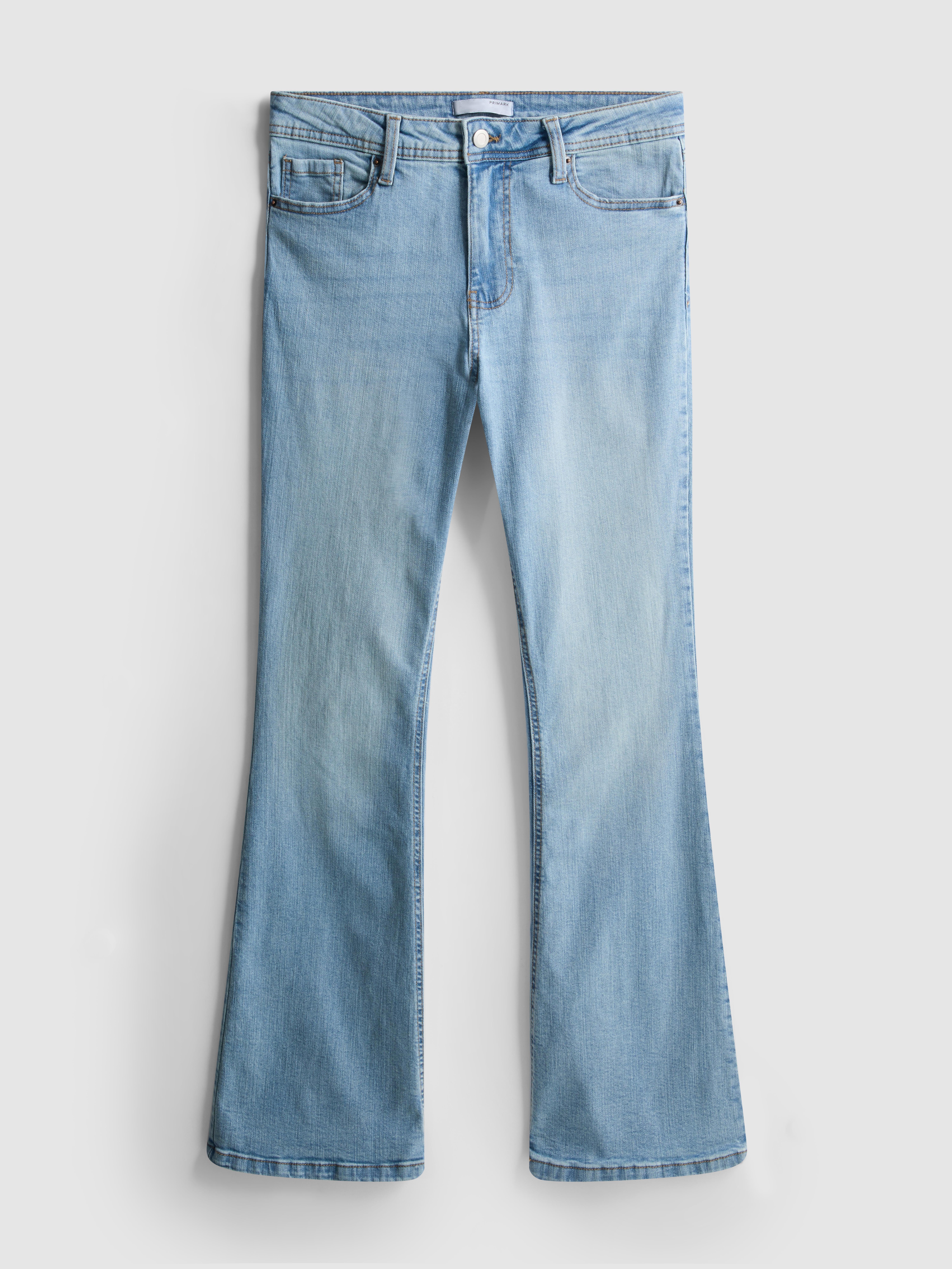 Cotton Denim Flared Mid-Rise Jeans - Light Blue