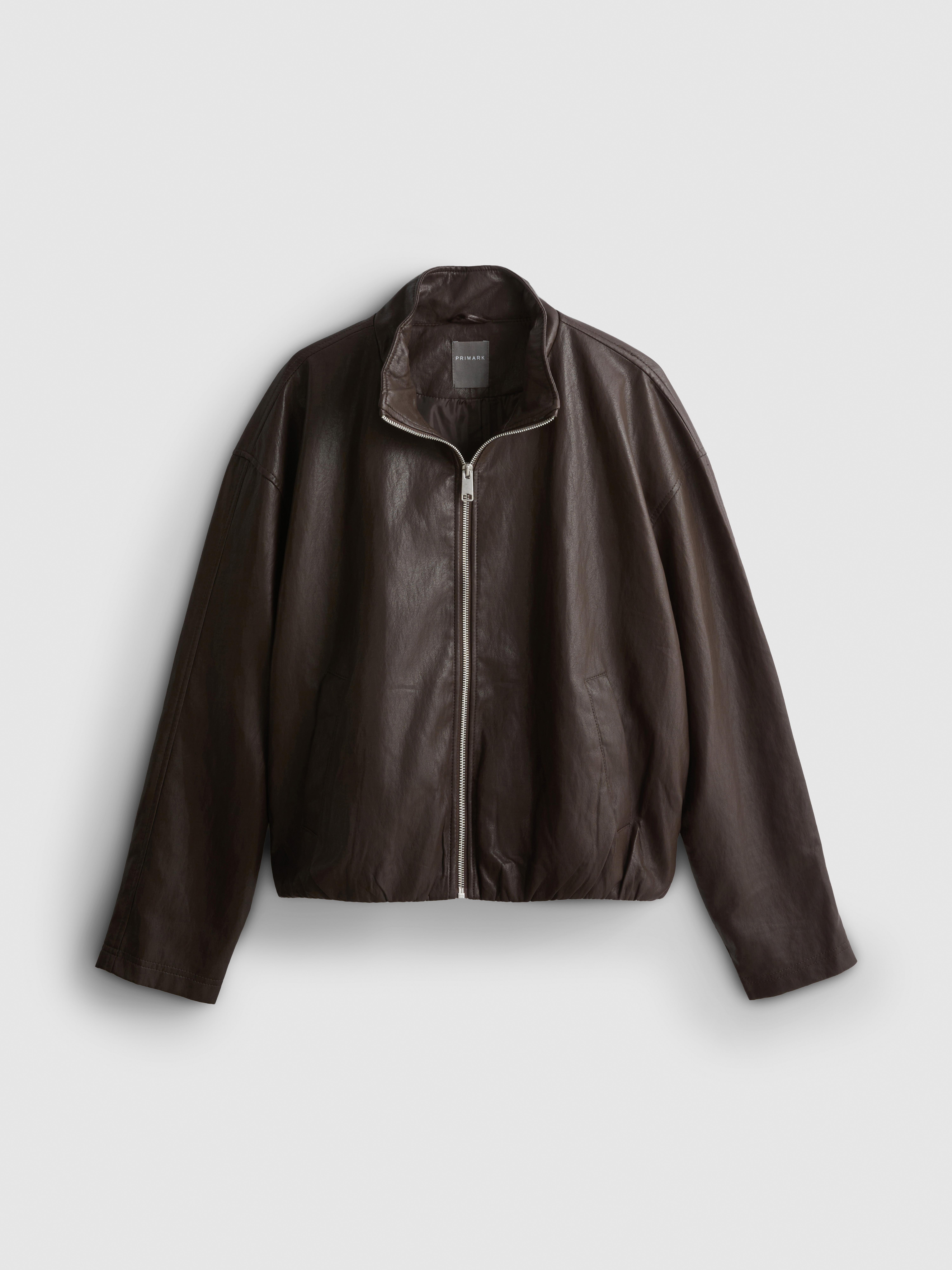 Faux Leather Funnel Jacket - Dark Brown