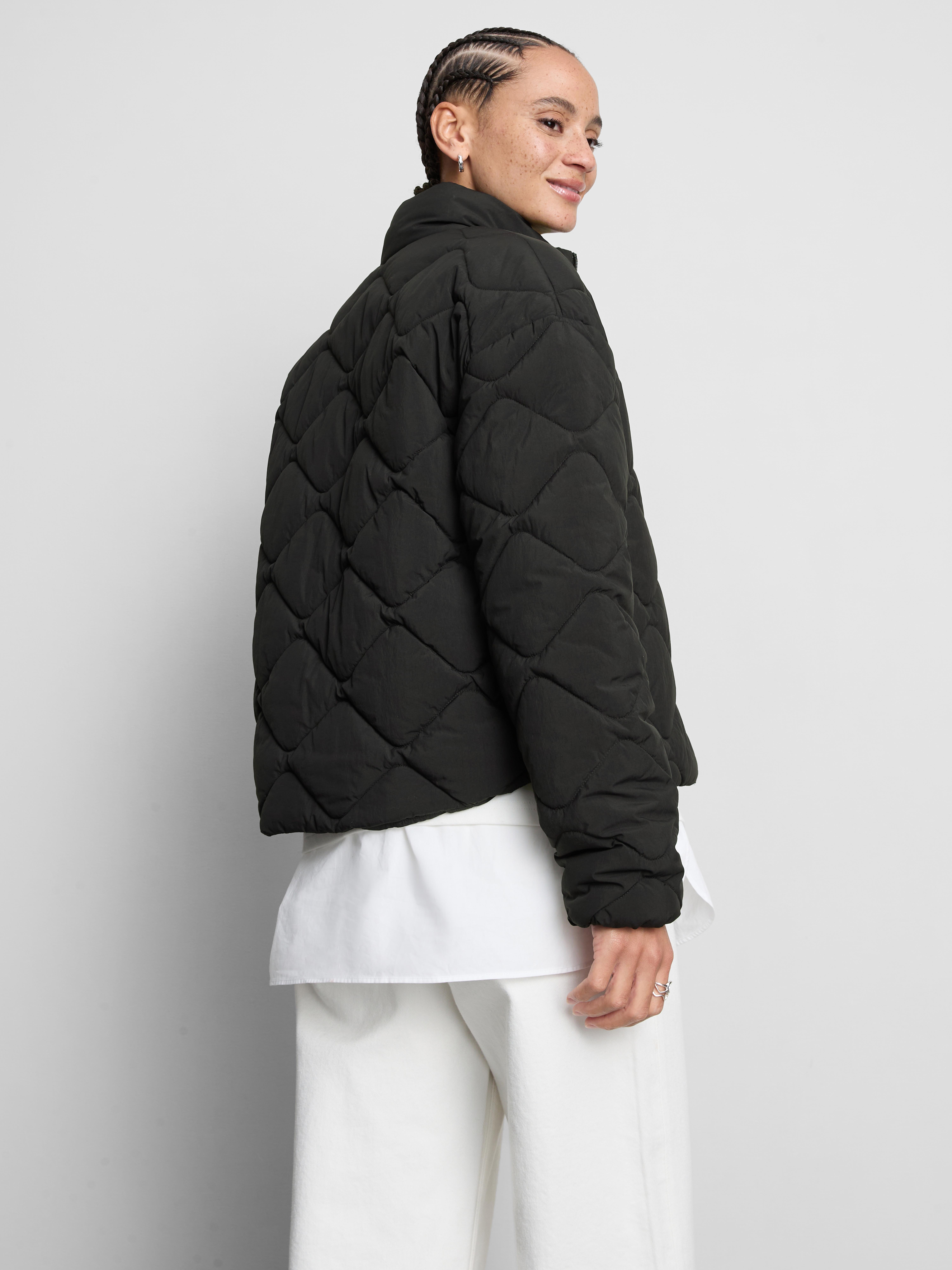 Quilted Funnel Neck Jacket - Black