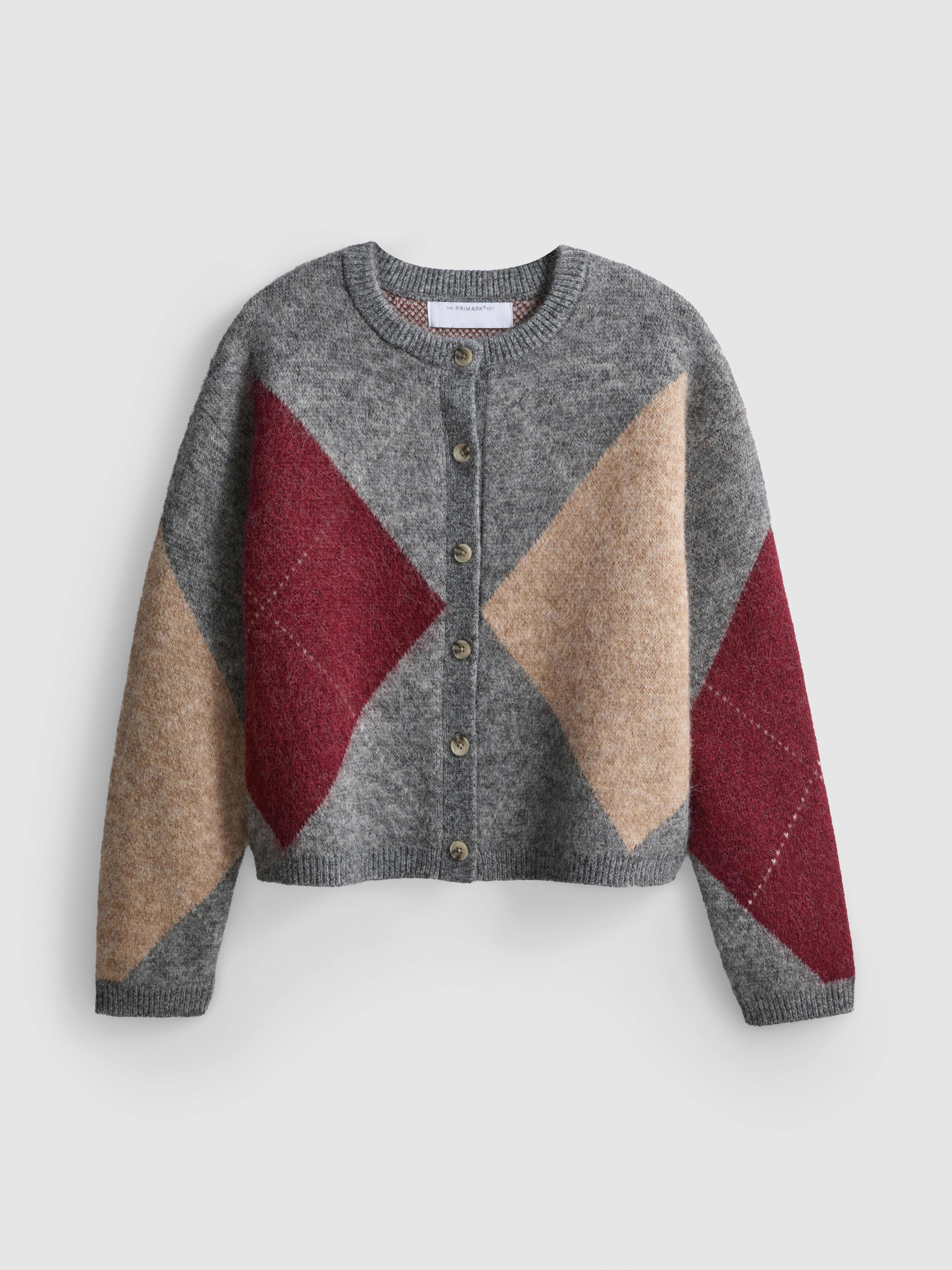 The Edit Argyle Button-Up Cardigan - Gray