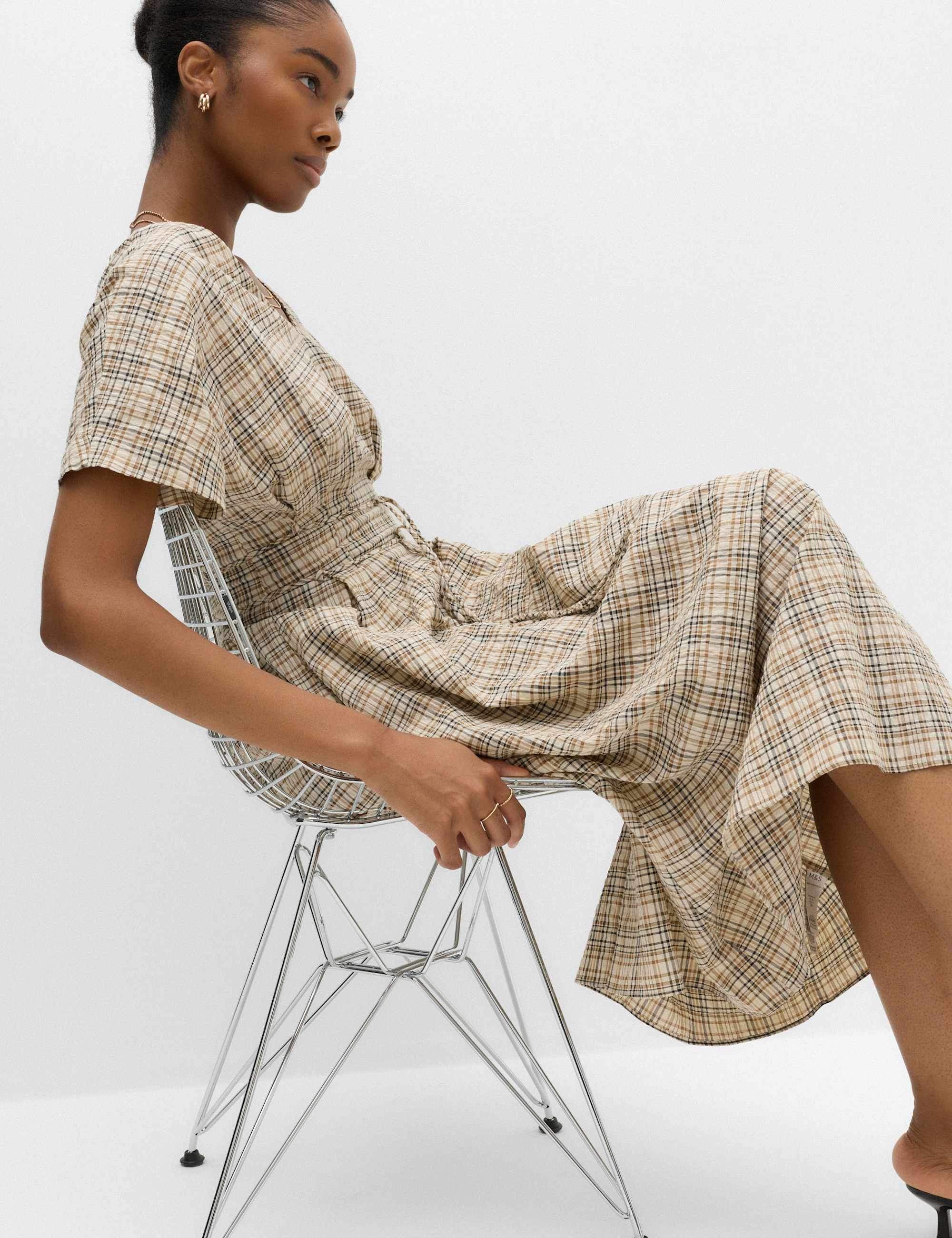Pure Cotton Checked V-Neck Midi Waisted Dress