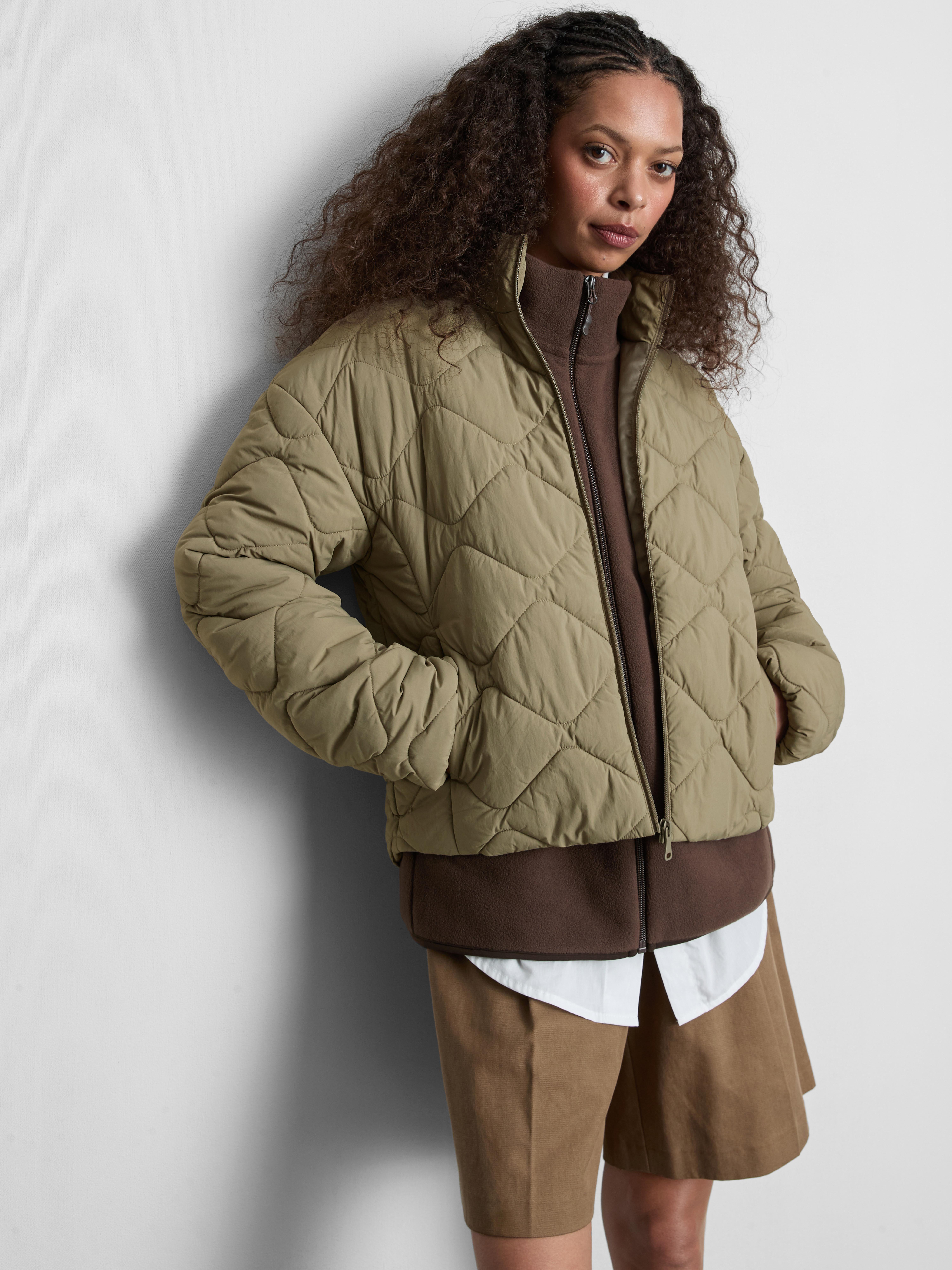 Quilted Funnel Neck Jacket - Olive