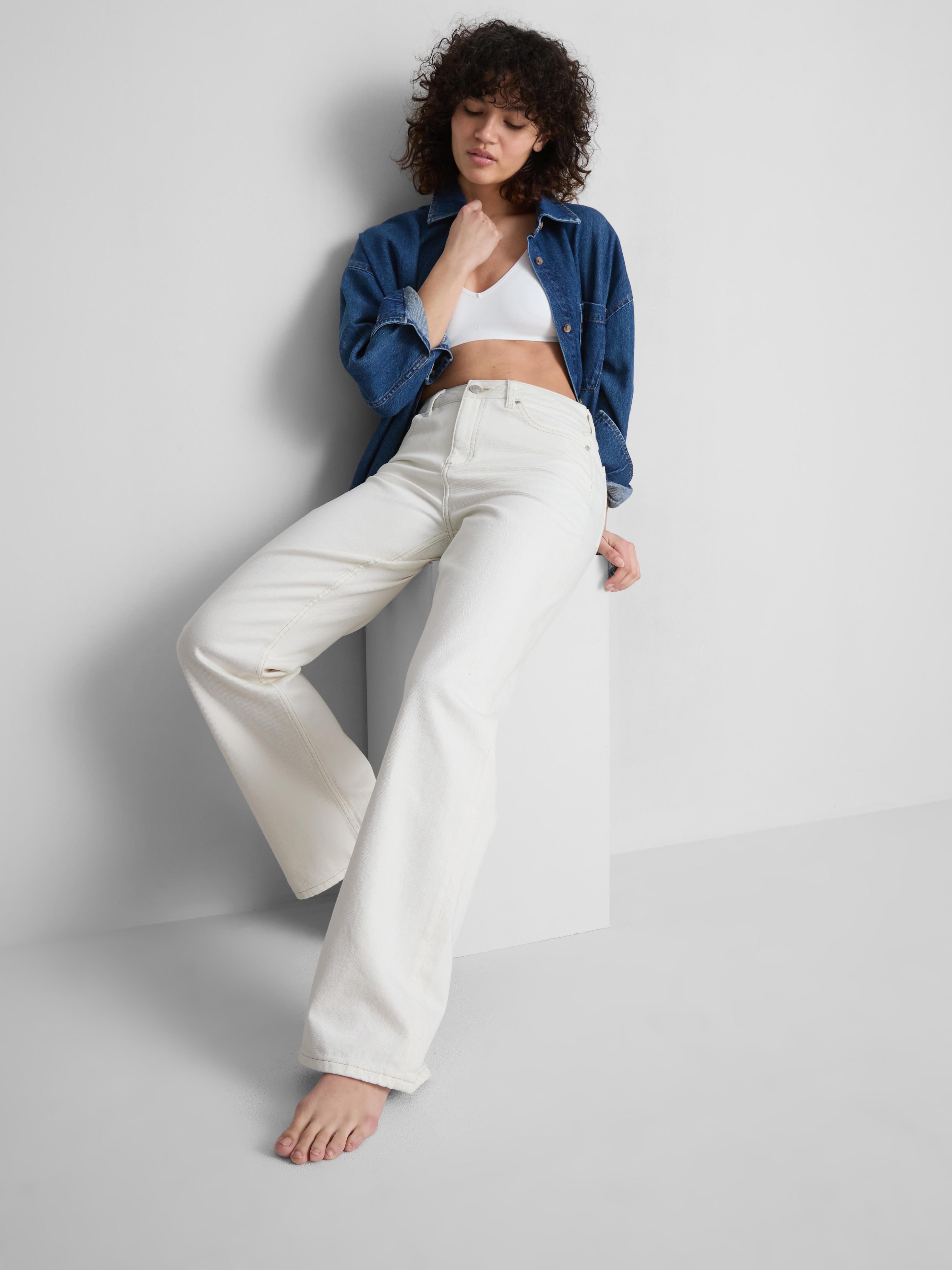 Cotton Denim Straight Leg Jeans - Ivory