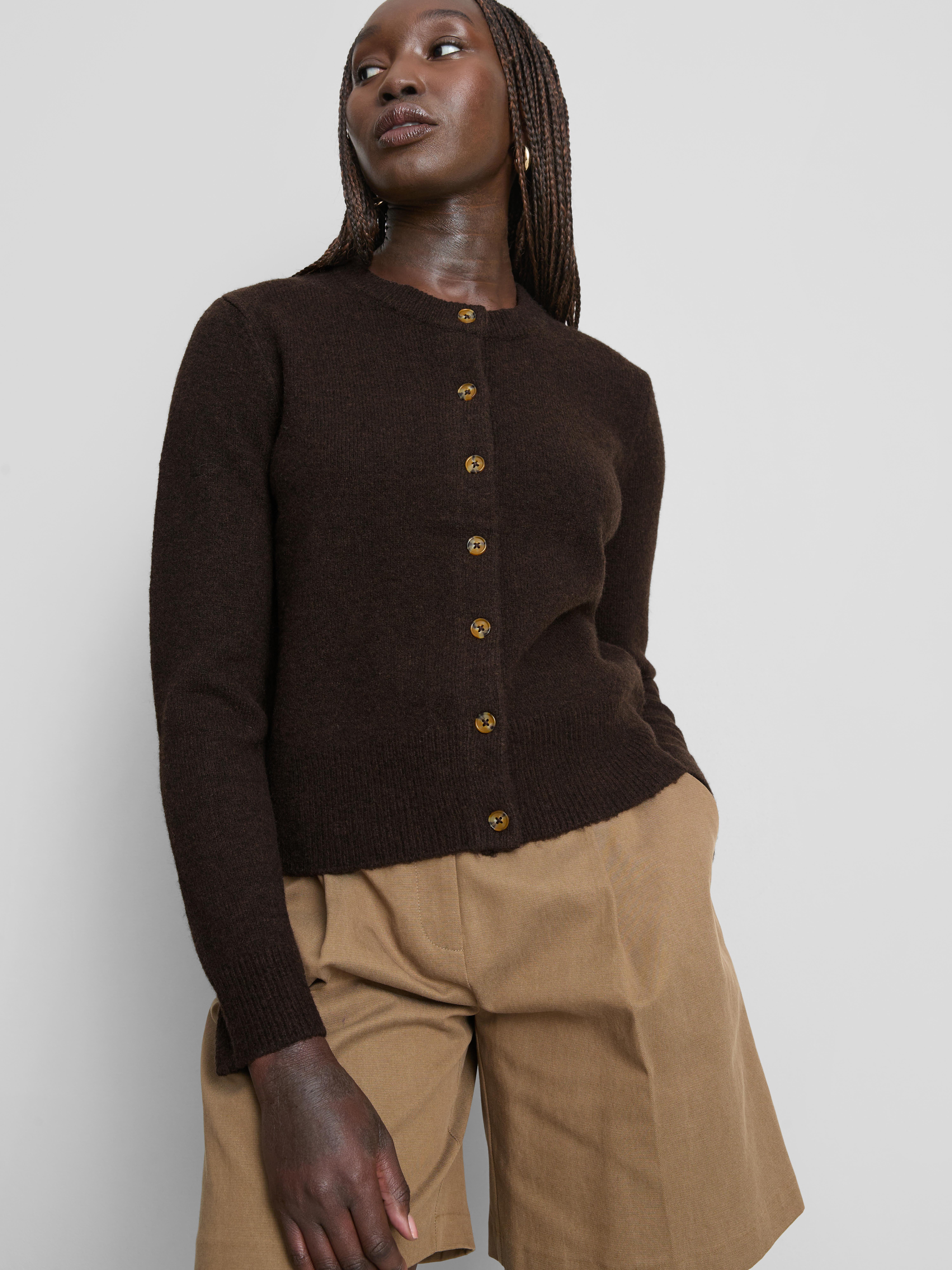 Essential Knitted Crewneck Cardigan - Chocolate