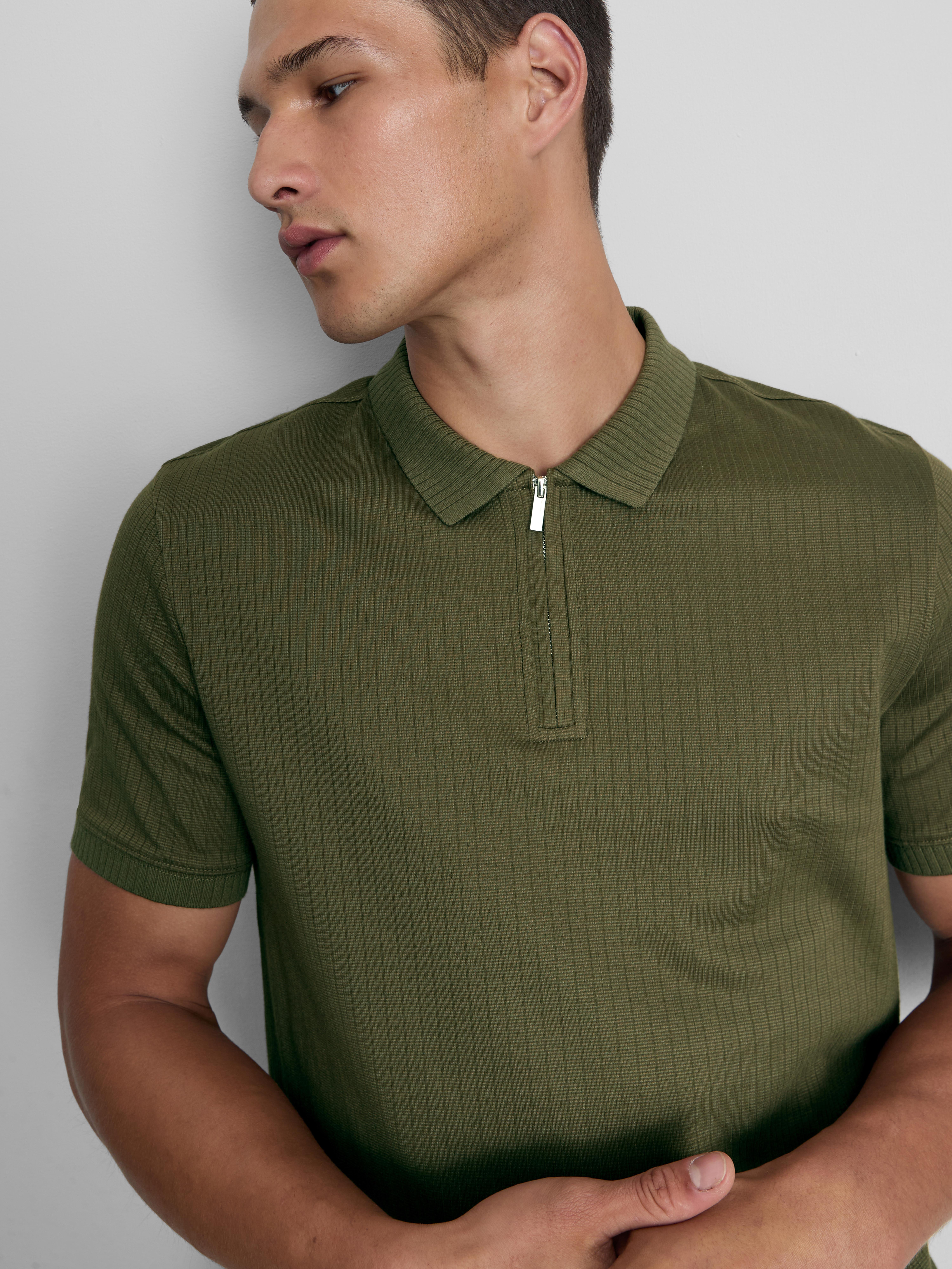 The Edit Ribbed Zip Neck Polo Shirt - Olive