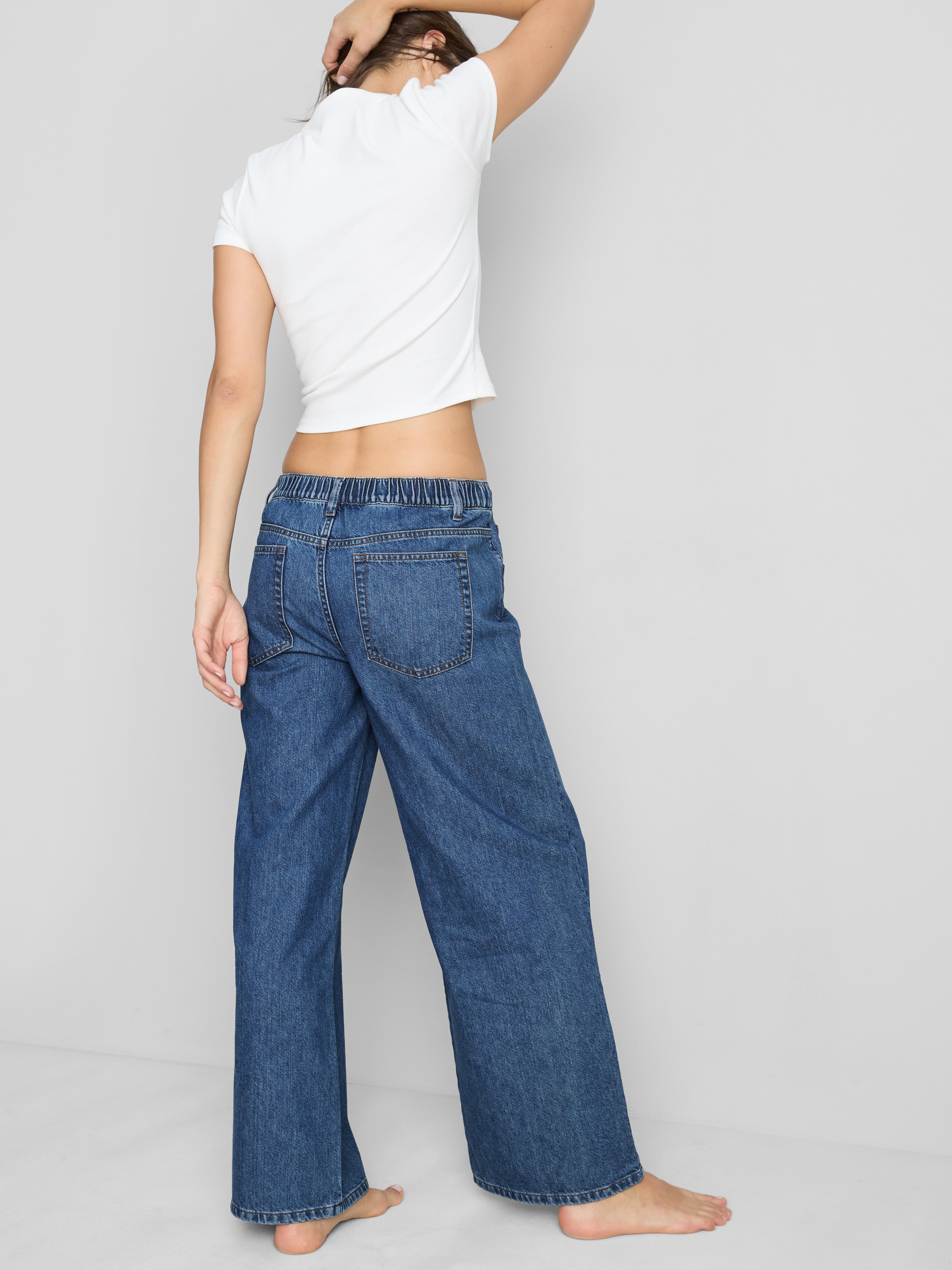 Cotton Denim Wide-Leg Drawstring Jeans - Mid Blue