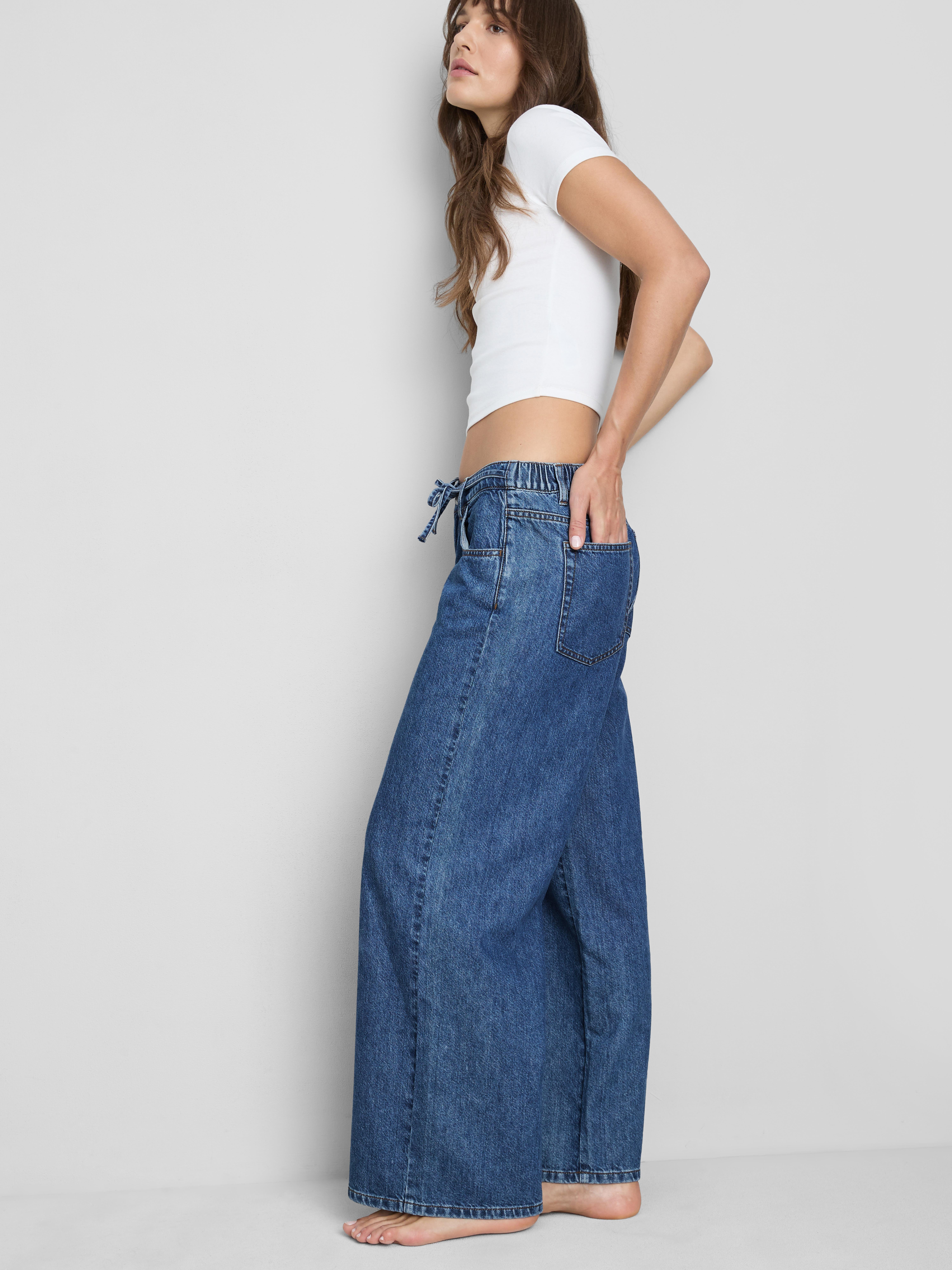 Cotton Denim Wide-Leg Drawstring Jeans - Mid Blue