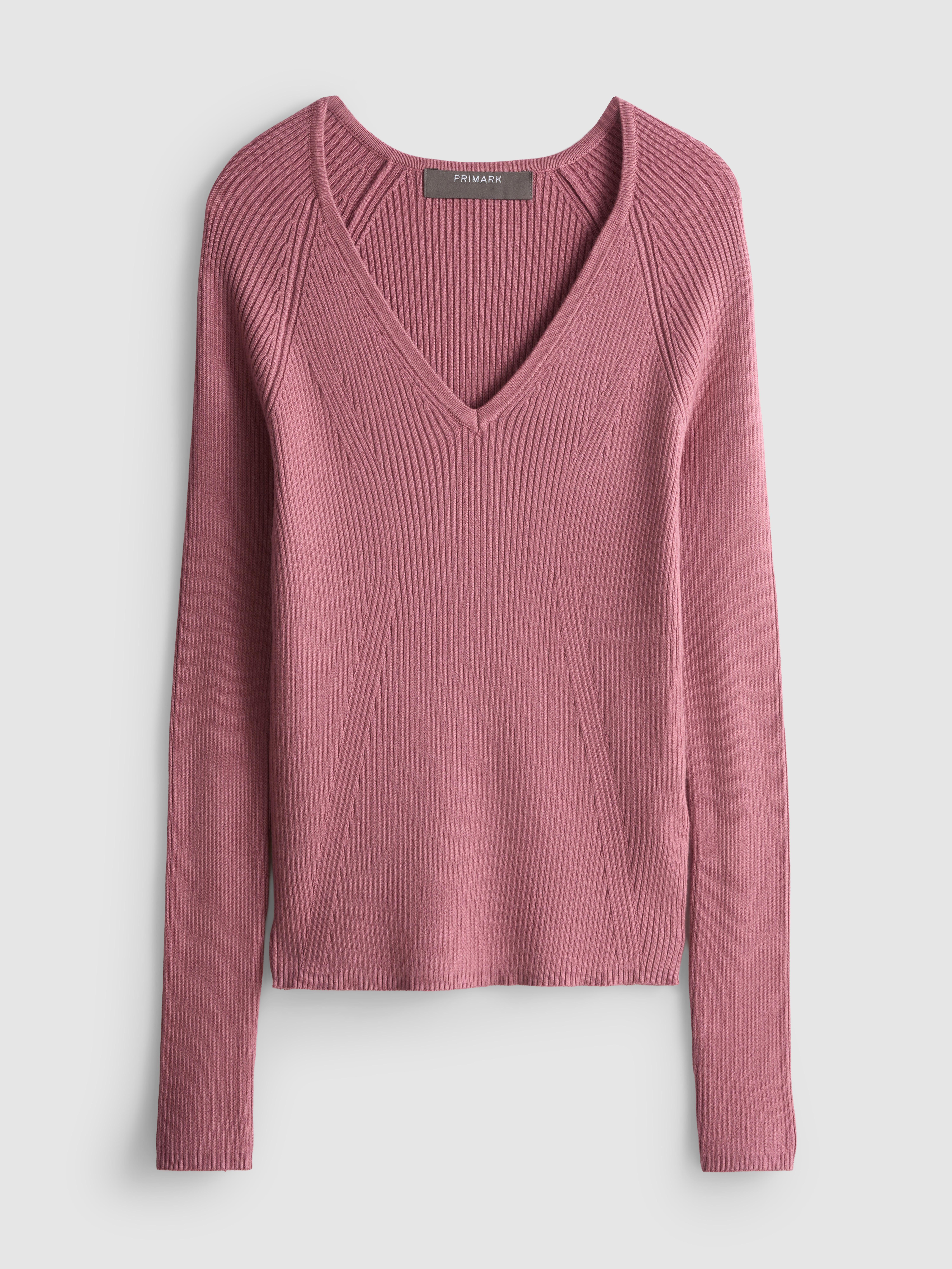 Ribbed V-Neck Sweater - Dark Pink