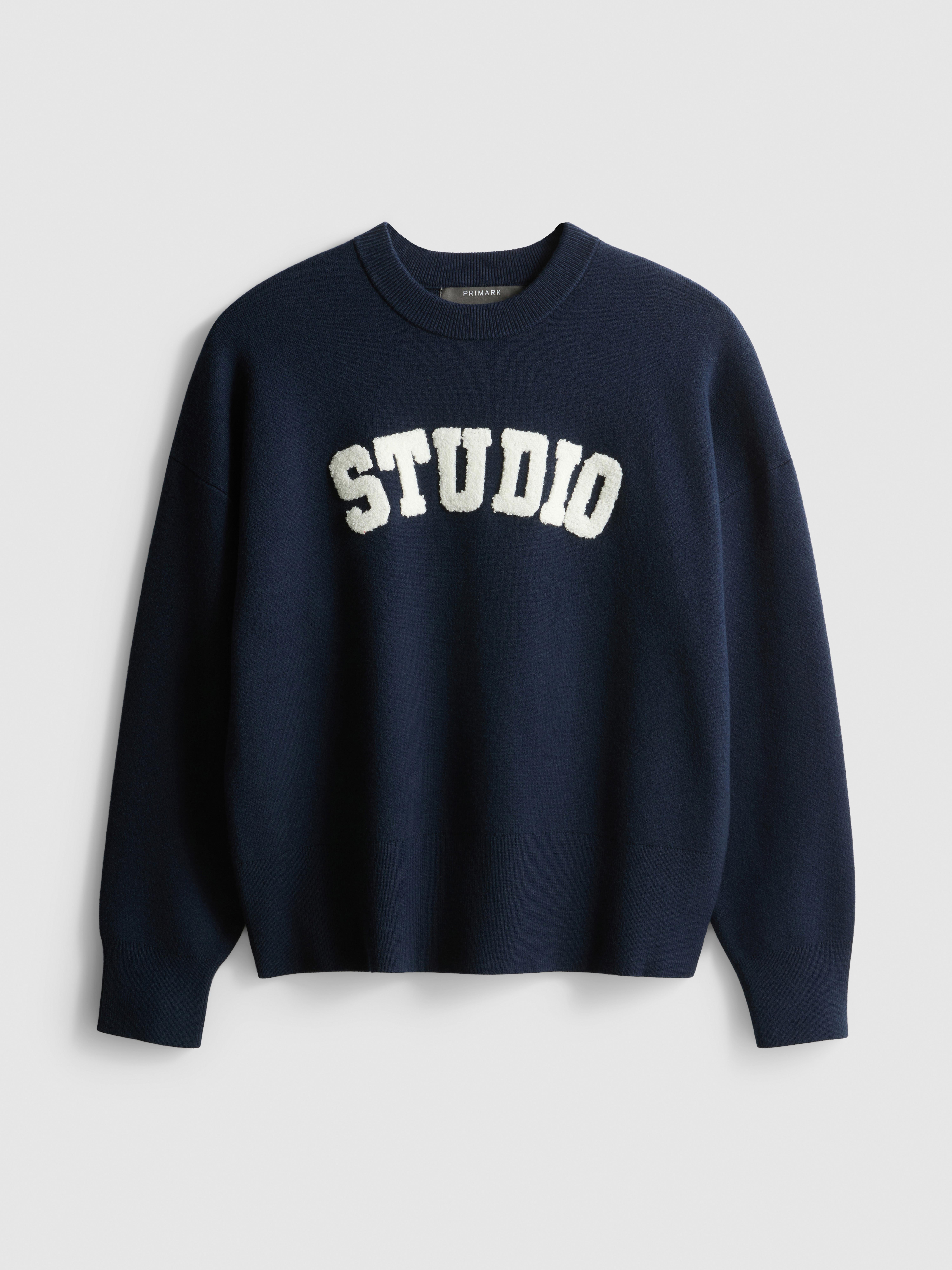 Knitted Crewneck Slogan Sweater - Navy