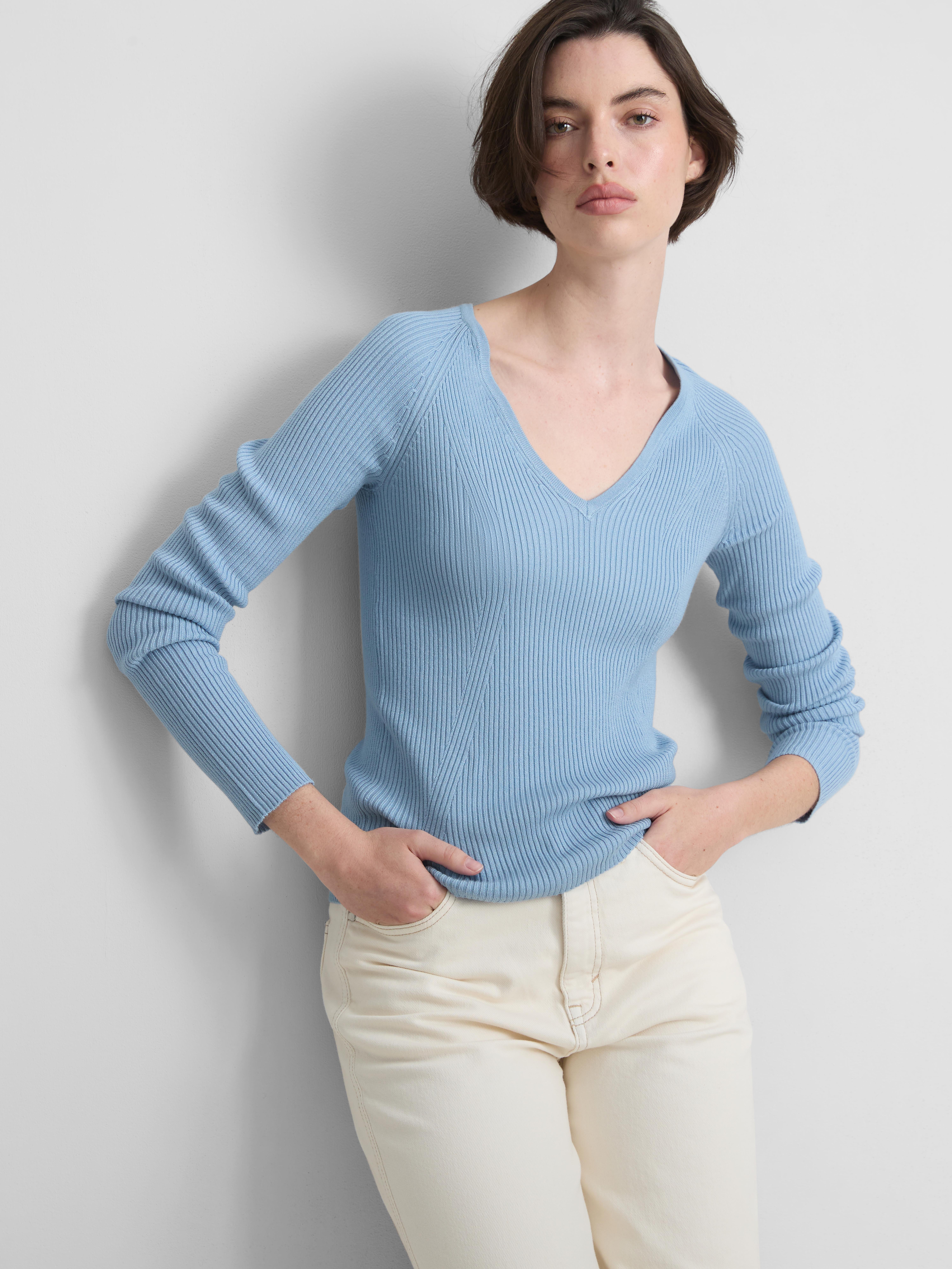 Ribbed V-Neck Sweater - Blue