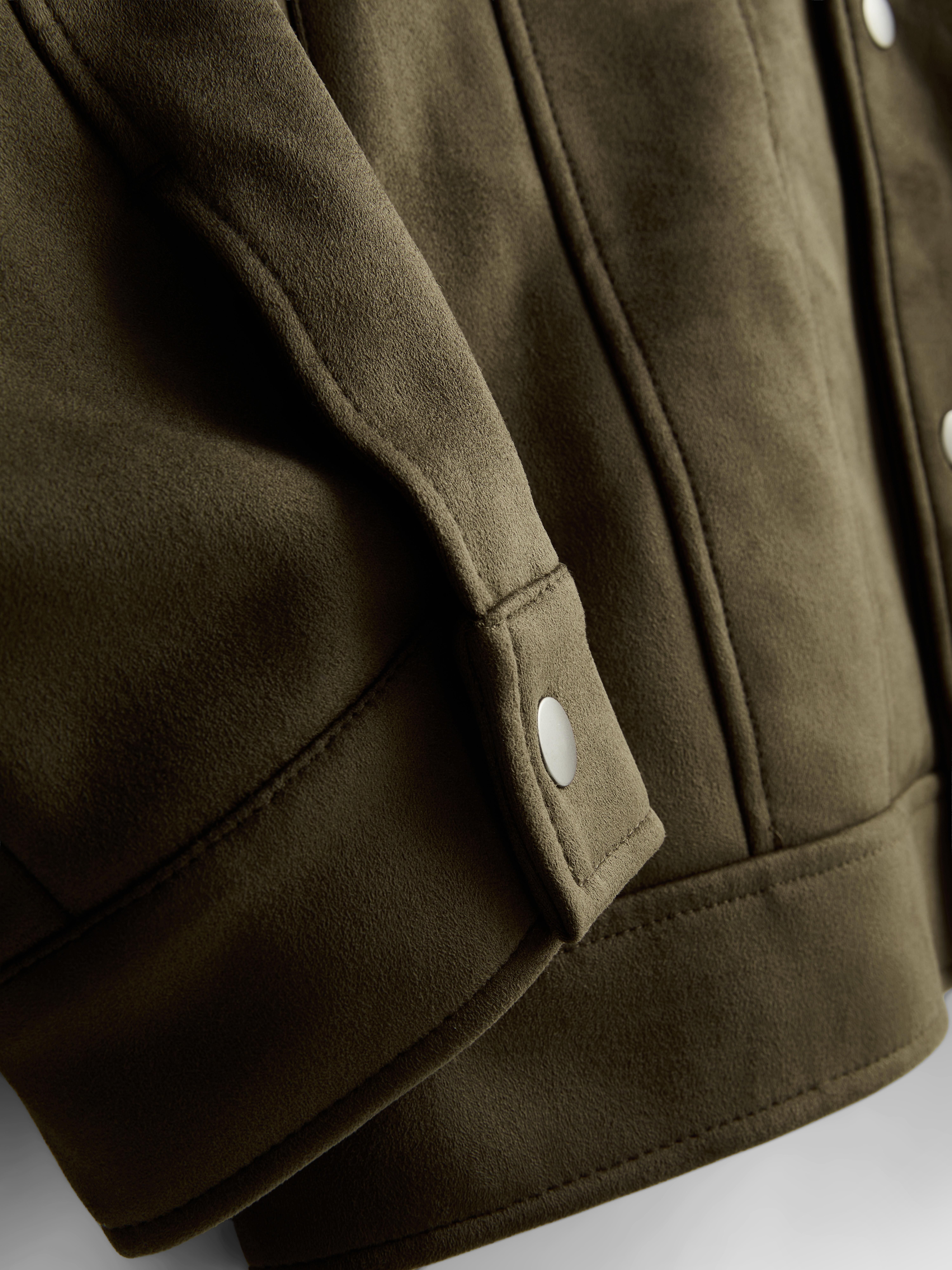 Faux Suede Trucker Jacket - Olive
