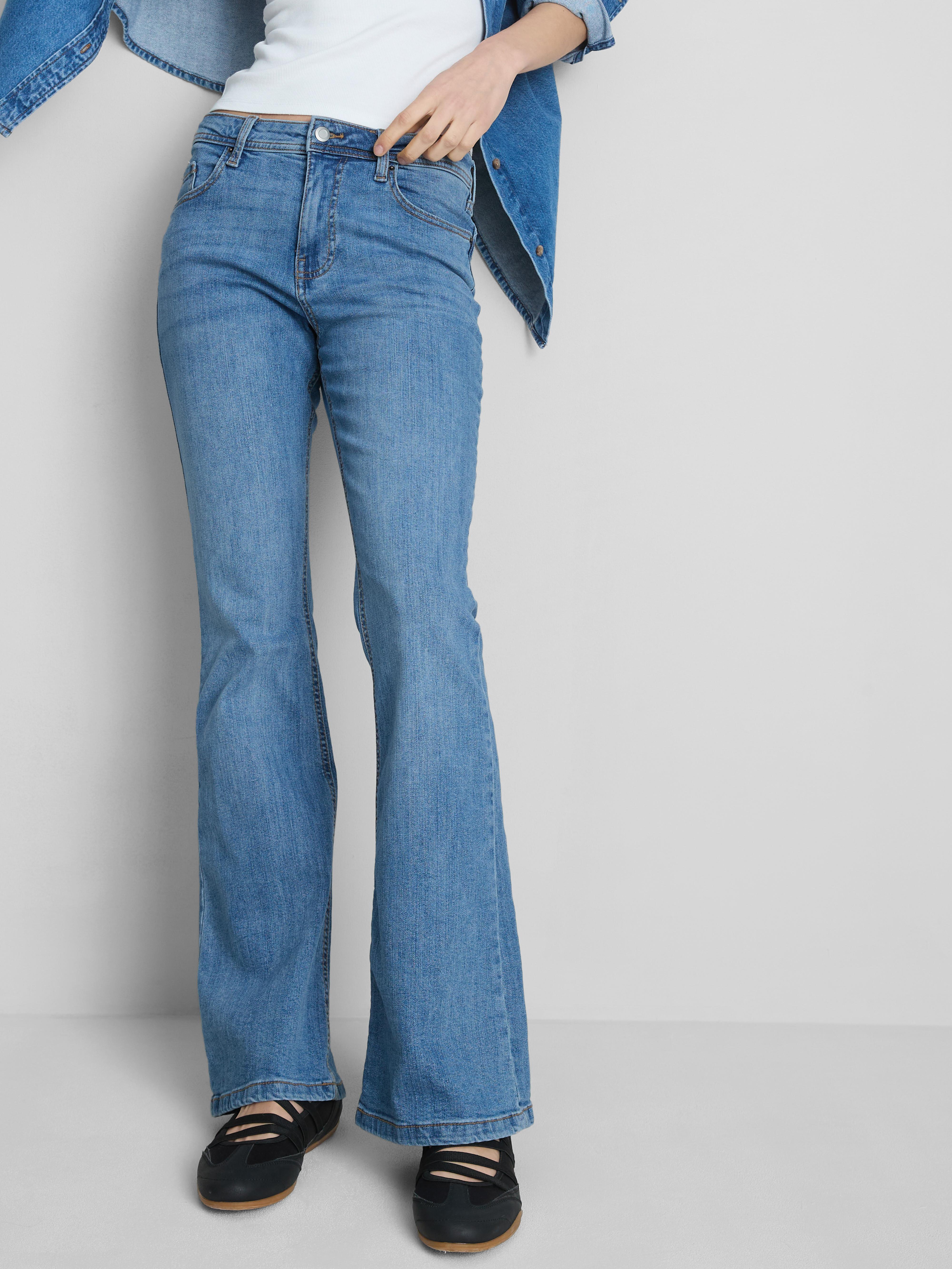 Cotton Denim Flared Mid-Rise Jeans - Mid Blue