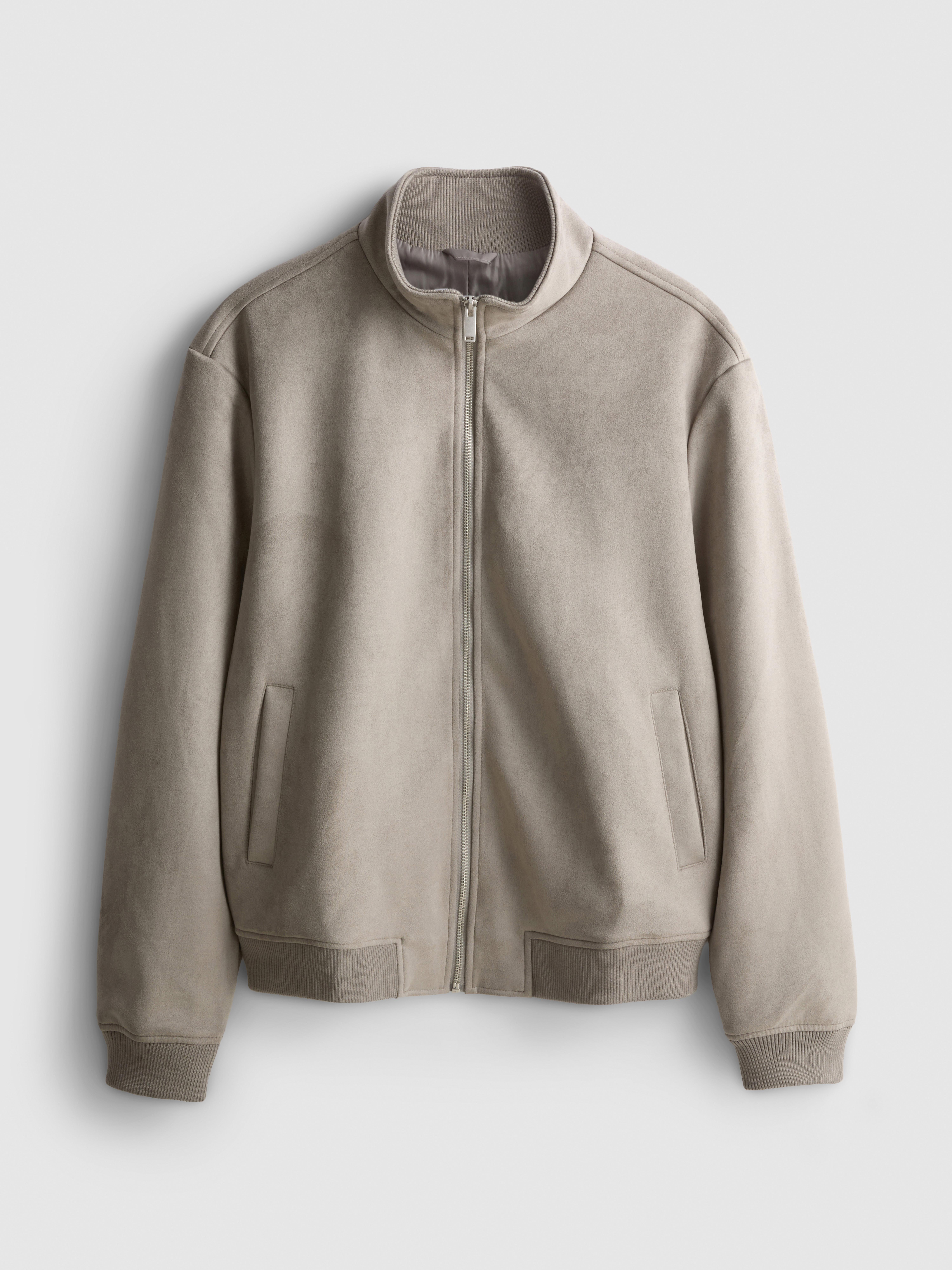 Faux Suede Bomber Jacket - Light Gray