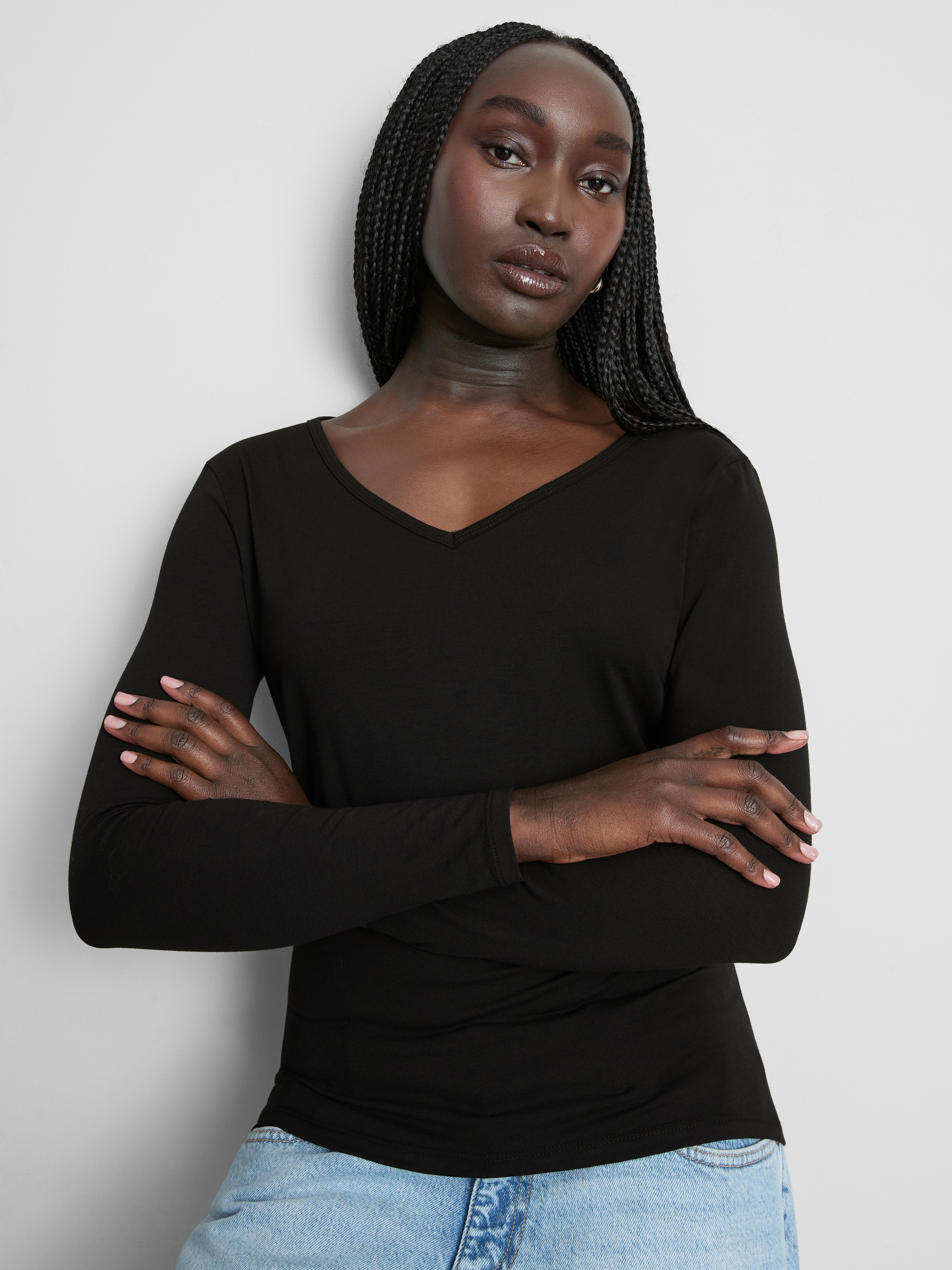 Cotton-Rich Long-Sleeve V-Neck Stretch Top - Black