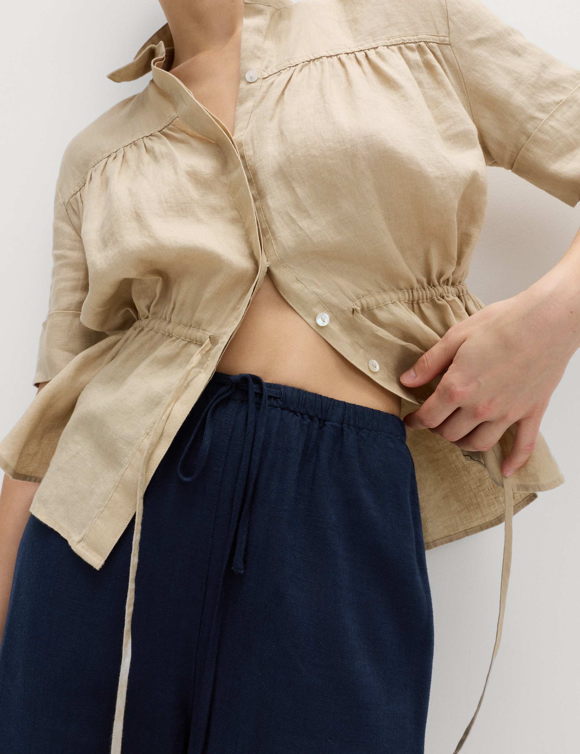 Drawstring Wide Leg Trousers with Linen