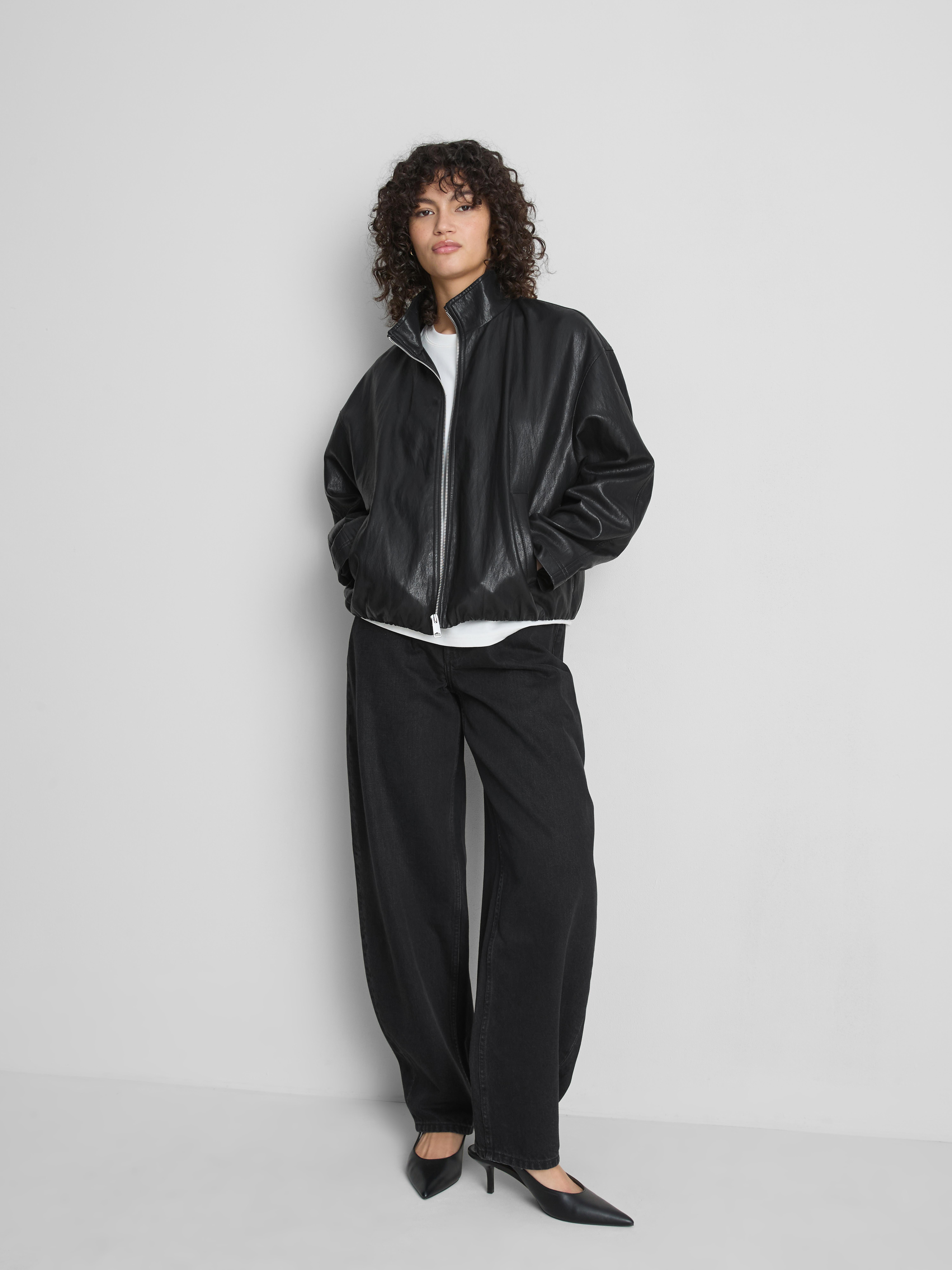 Faux Leather Funnel Jacket - Black