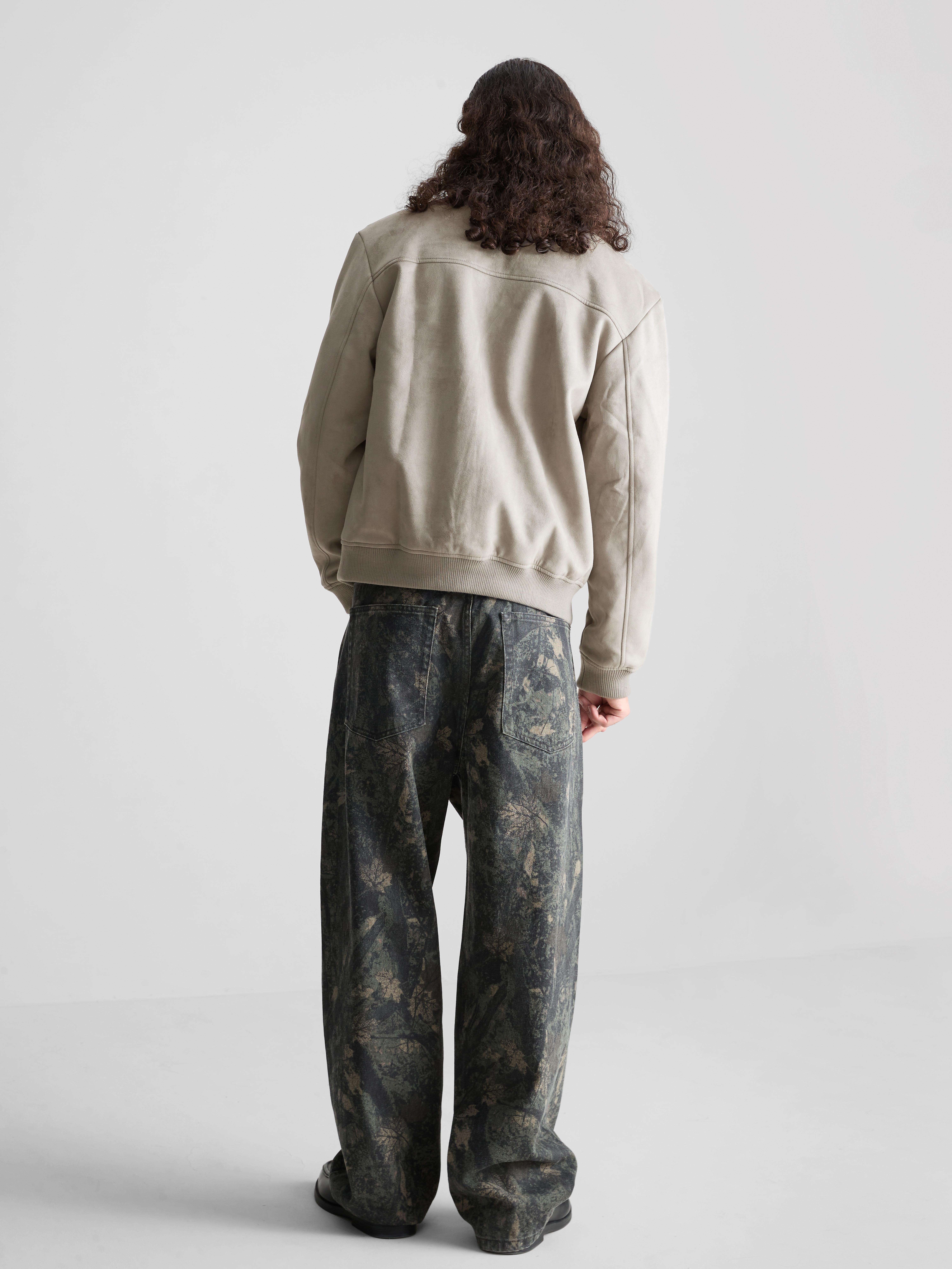 Faux Suede Bomber Jacket - Light Gray