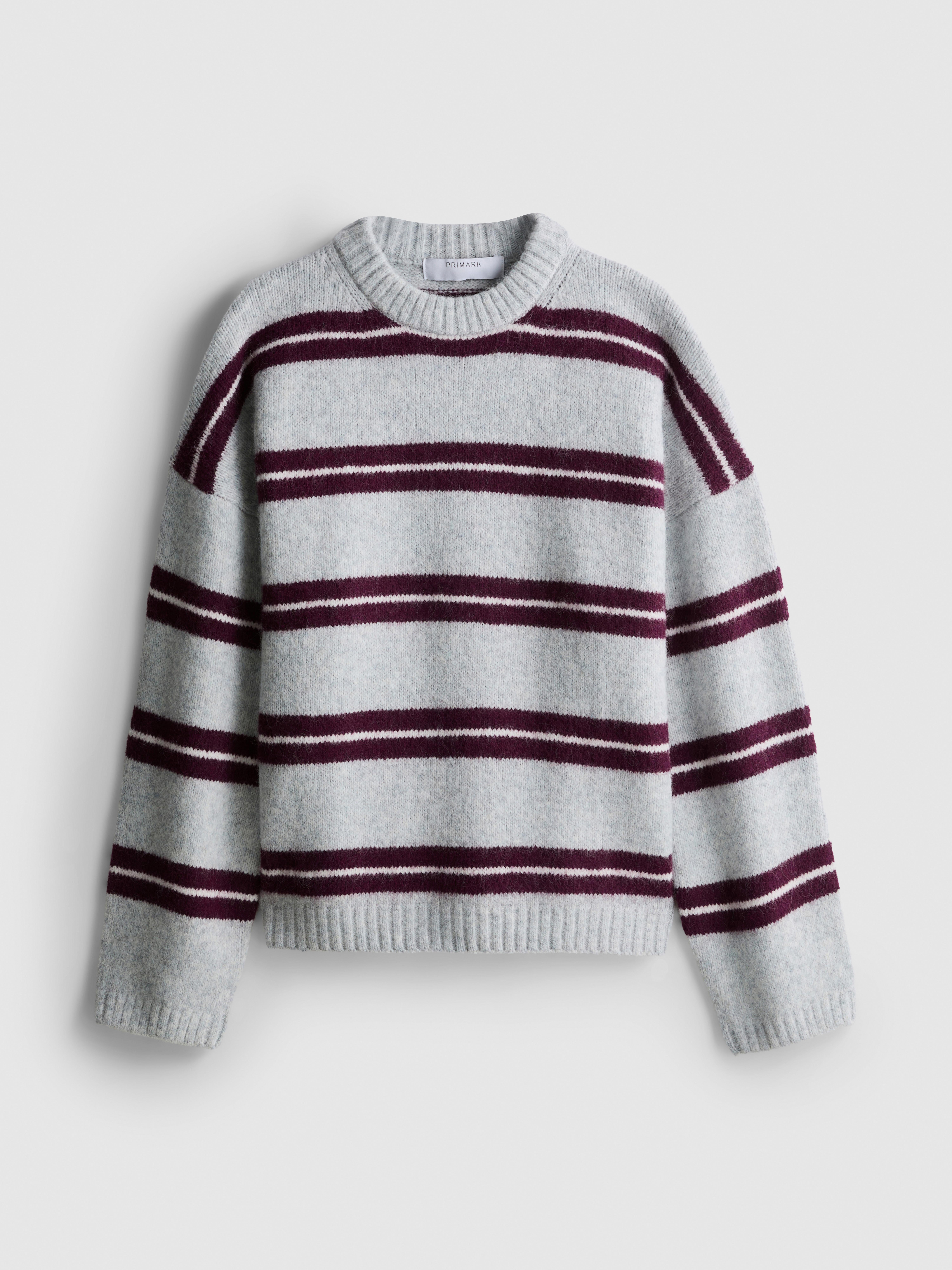 Knitted Fluffy Stripe Crew Neck Sweater - Gray