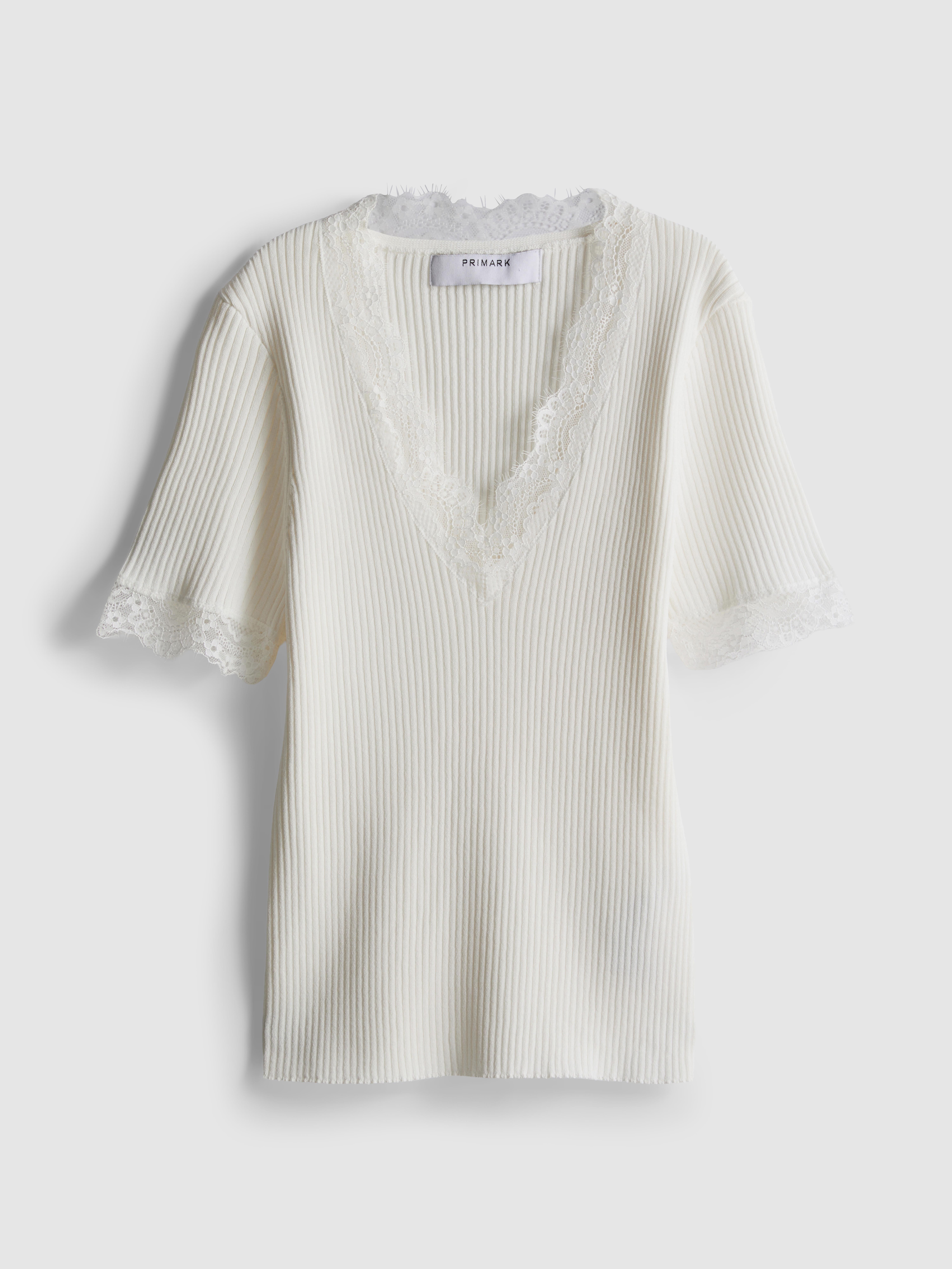 Ribbed Lace-Trim Tee - Ivory