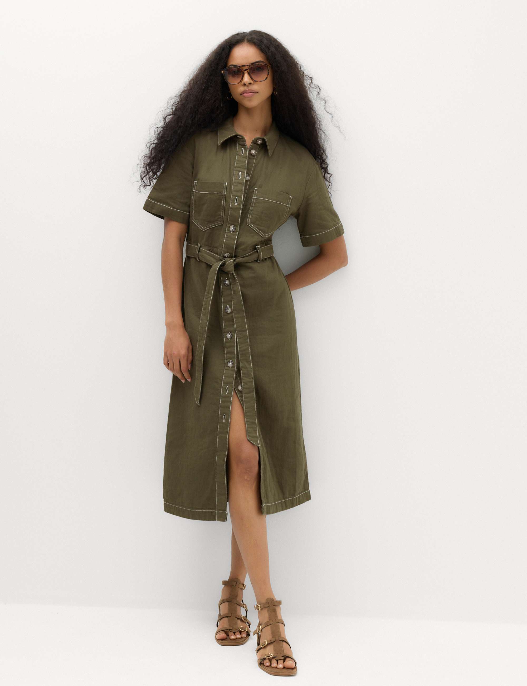 Pure Cotton Collared Belted Midi Utility Dress