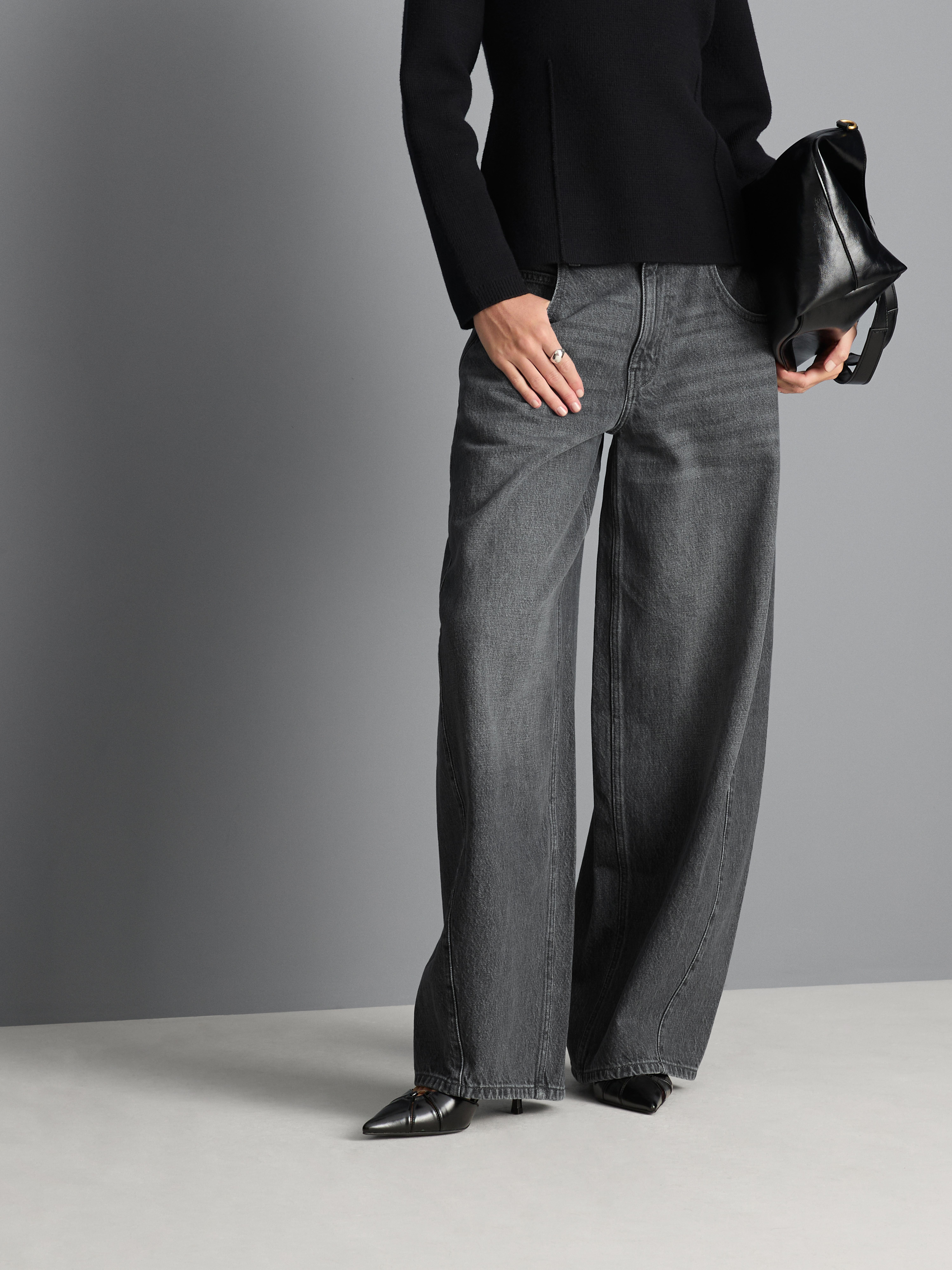 Cotton Denim Baggy Barrel Leg Jeans - Gray