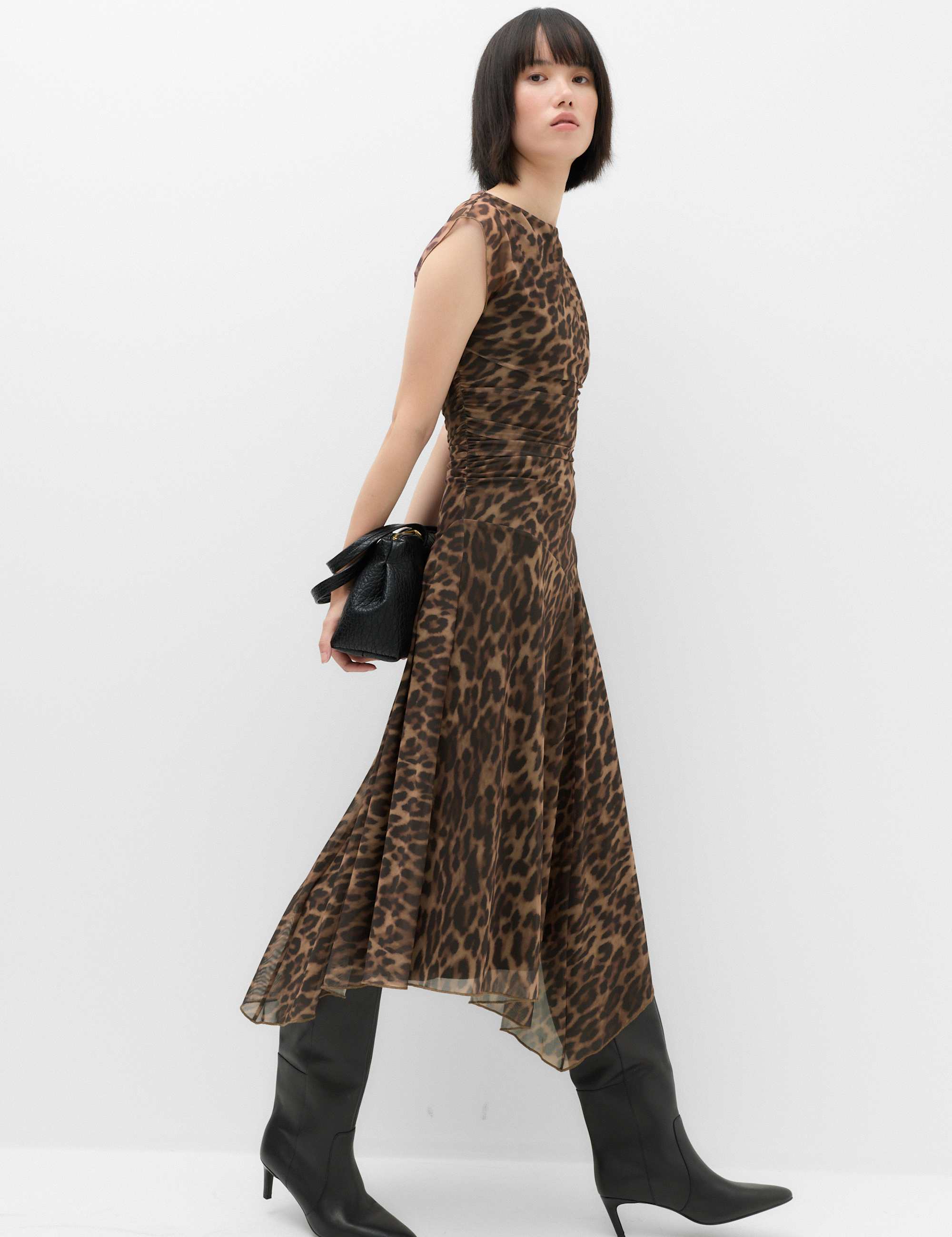 Animal Print Mesh Draped Midi Waisted Dress