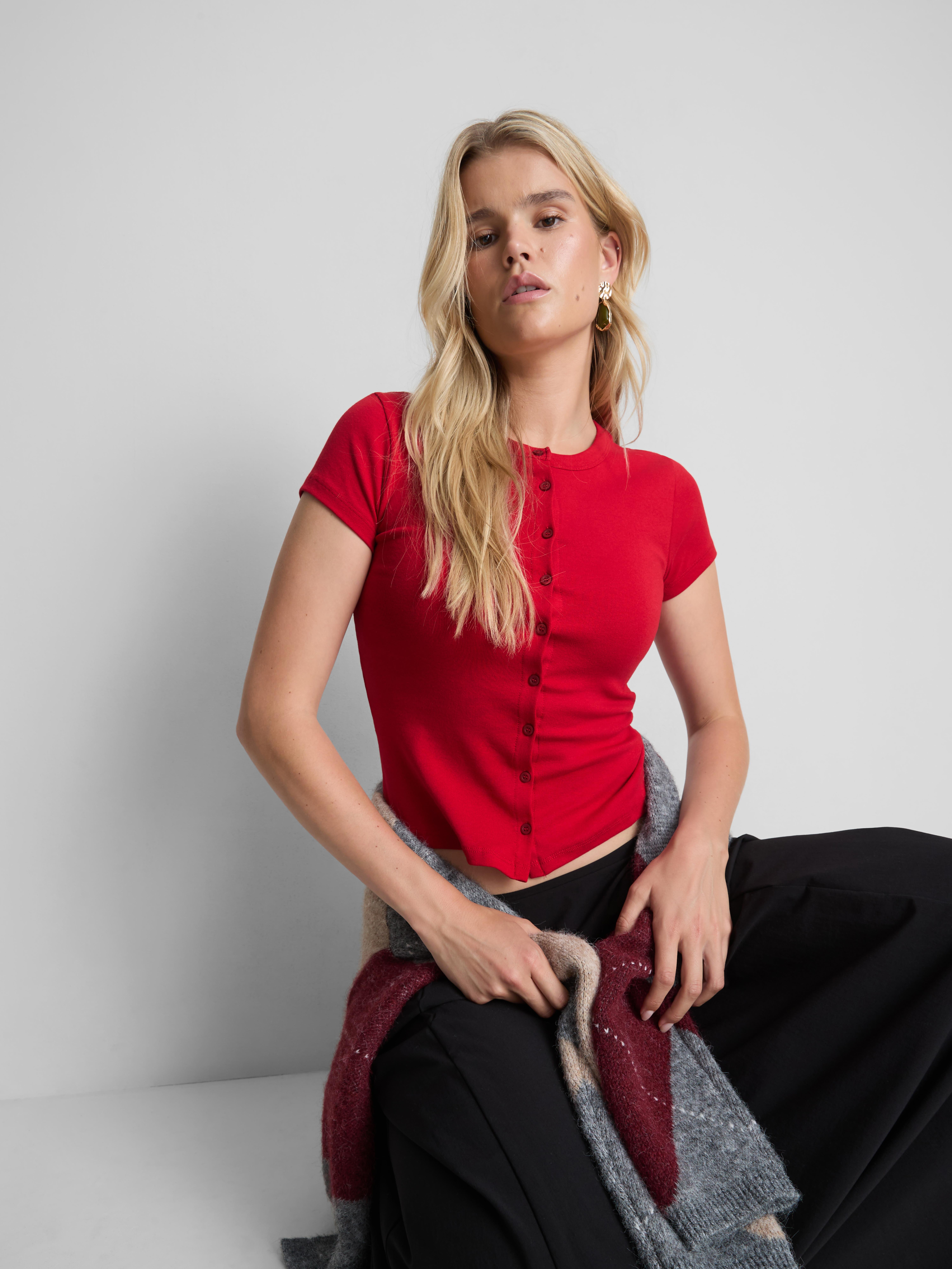 Cotton Rich Button-Up T-Shirt - Red