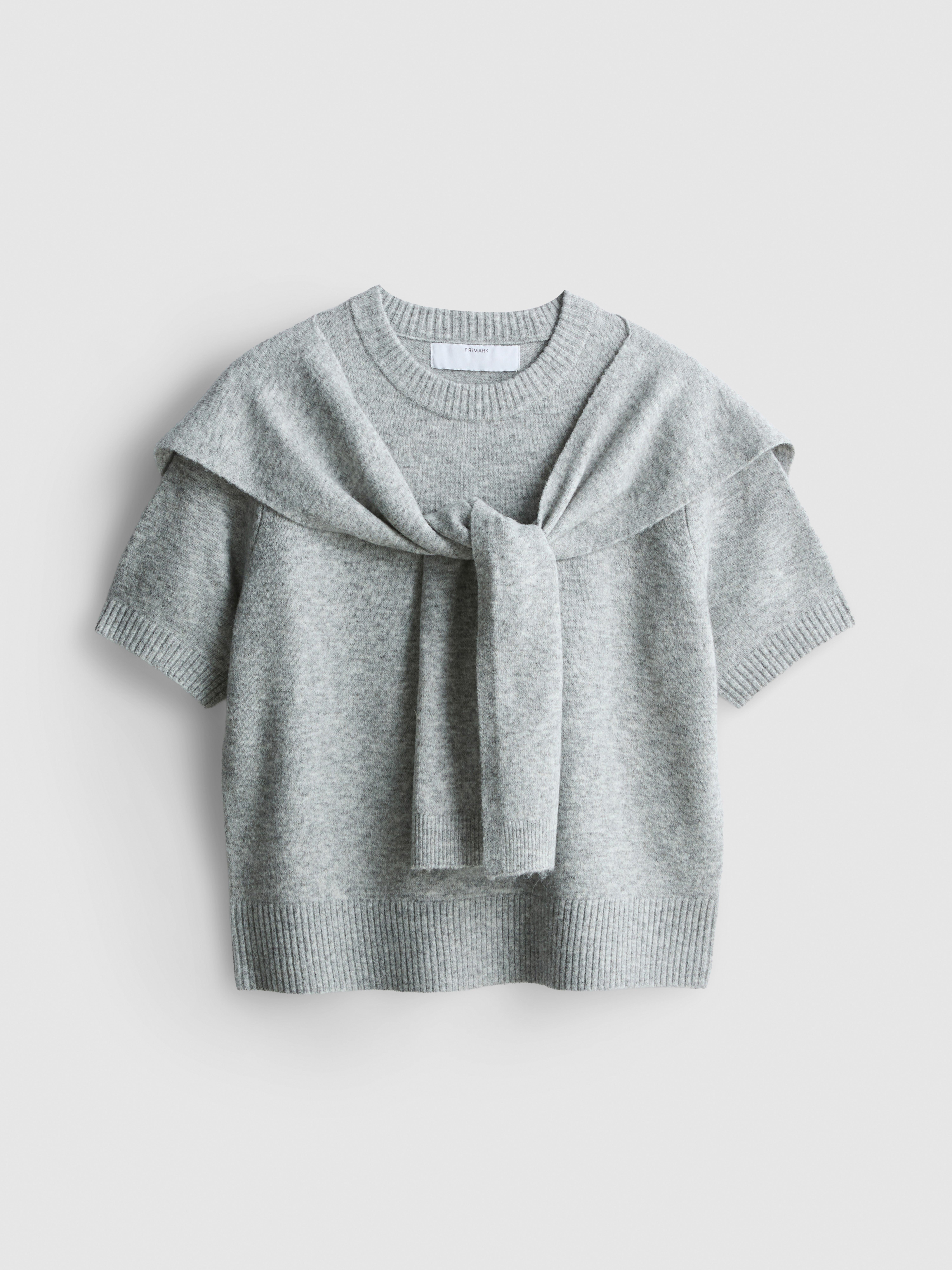 Knitted Tie Neck Tee - Light Gray