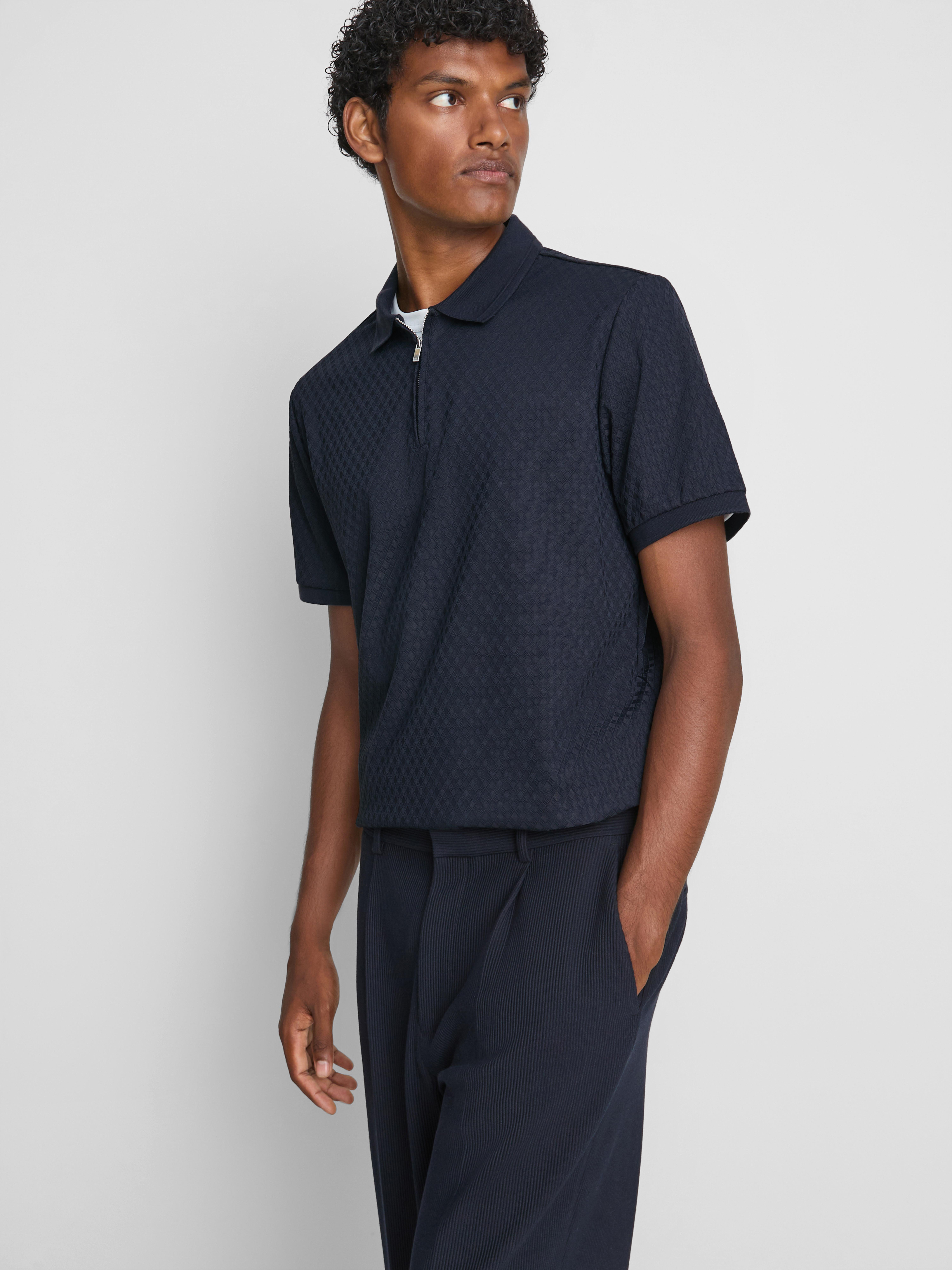 The Edit Textured Zip Polo Shirt - Navy