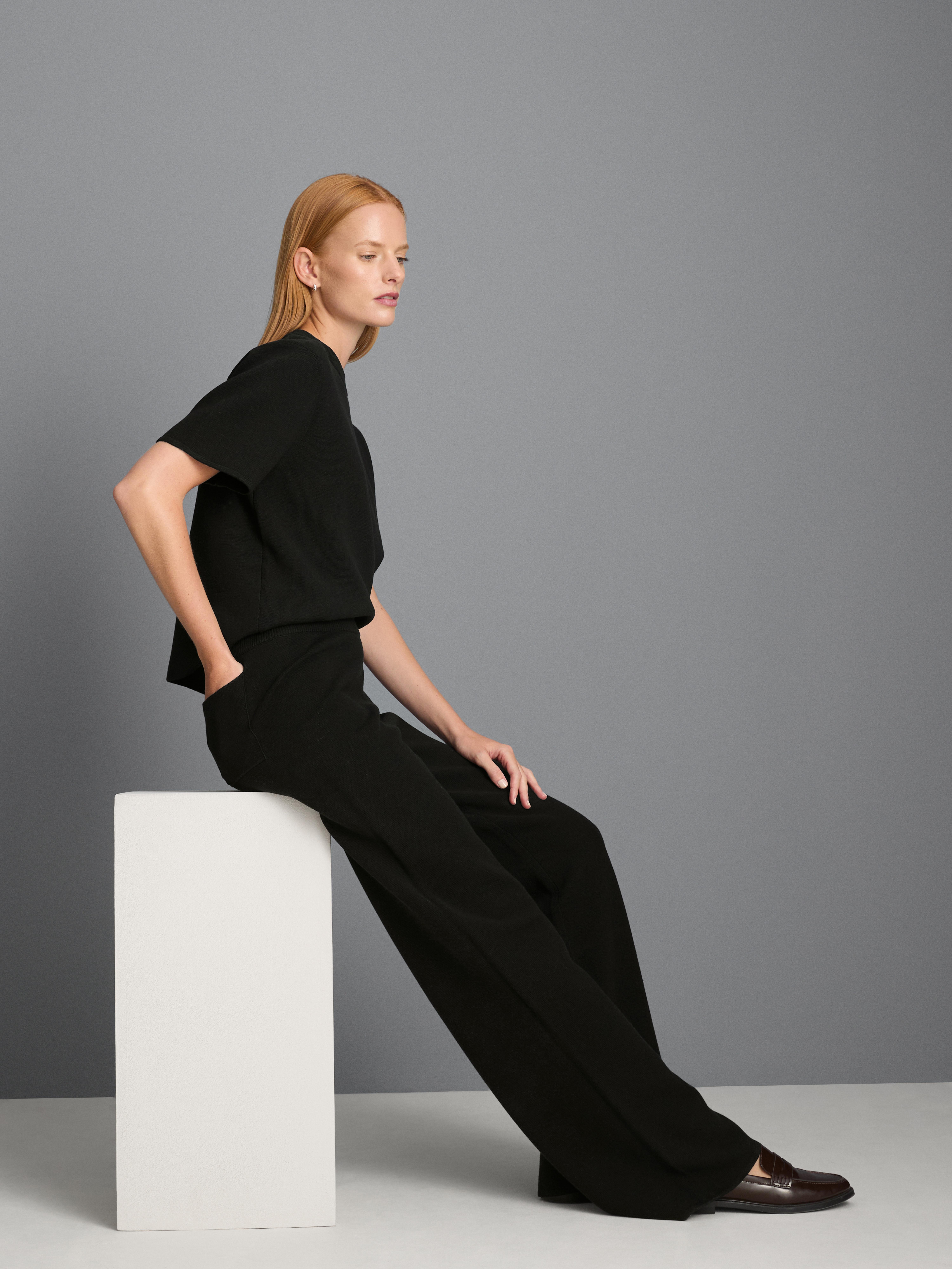 Compact Knit Wide-Leg Pants - Black