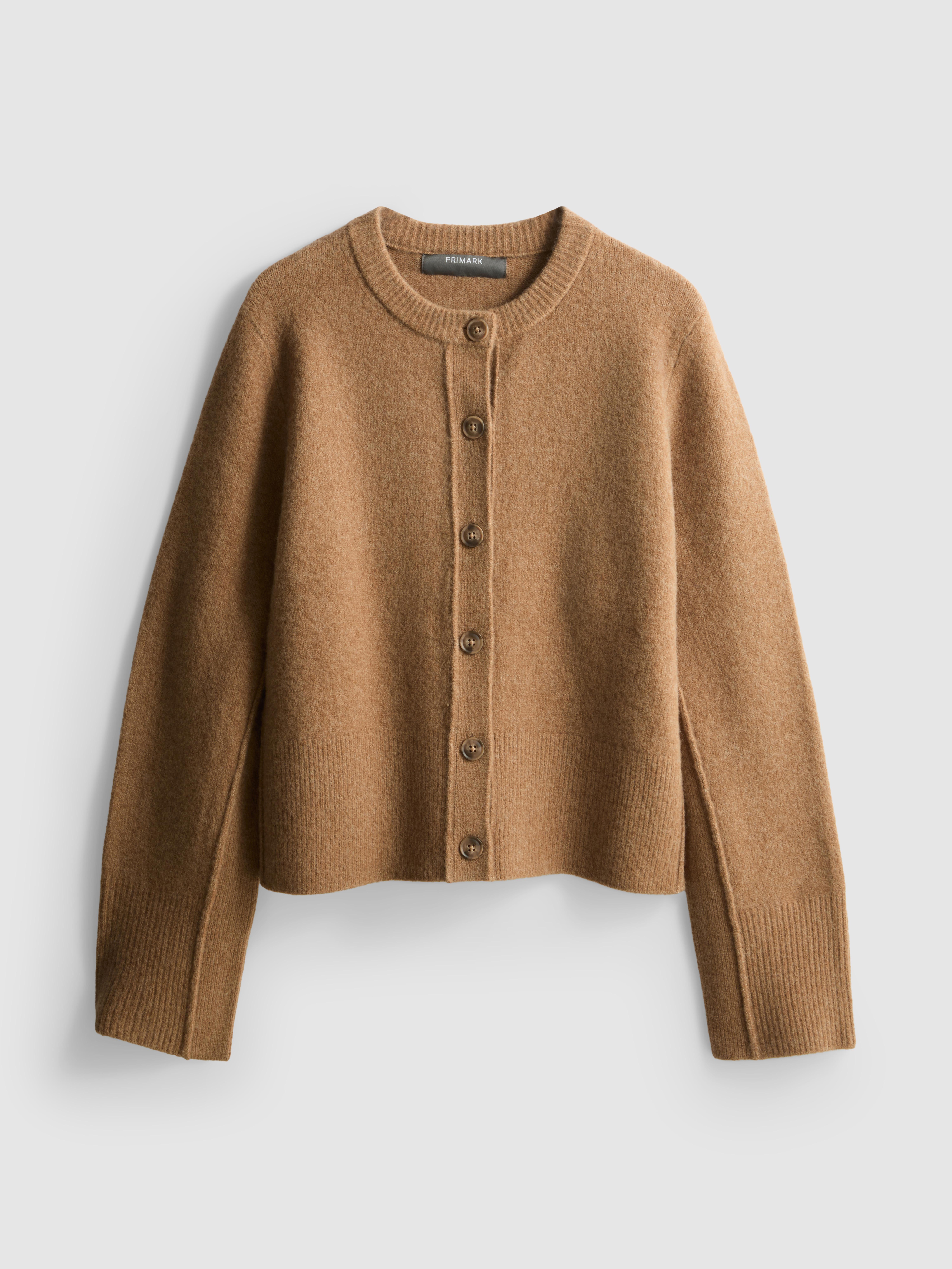 Relaxed Knitted Crew Neck Cardigan - Camel