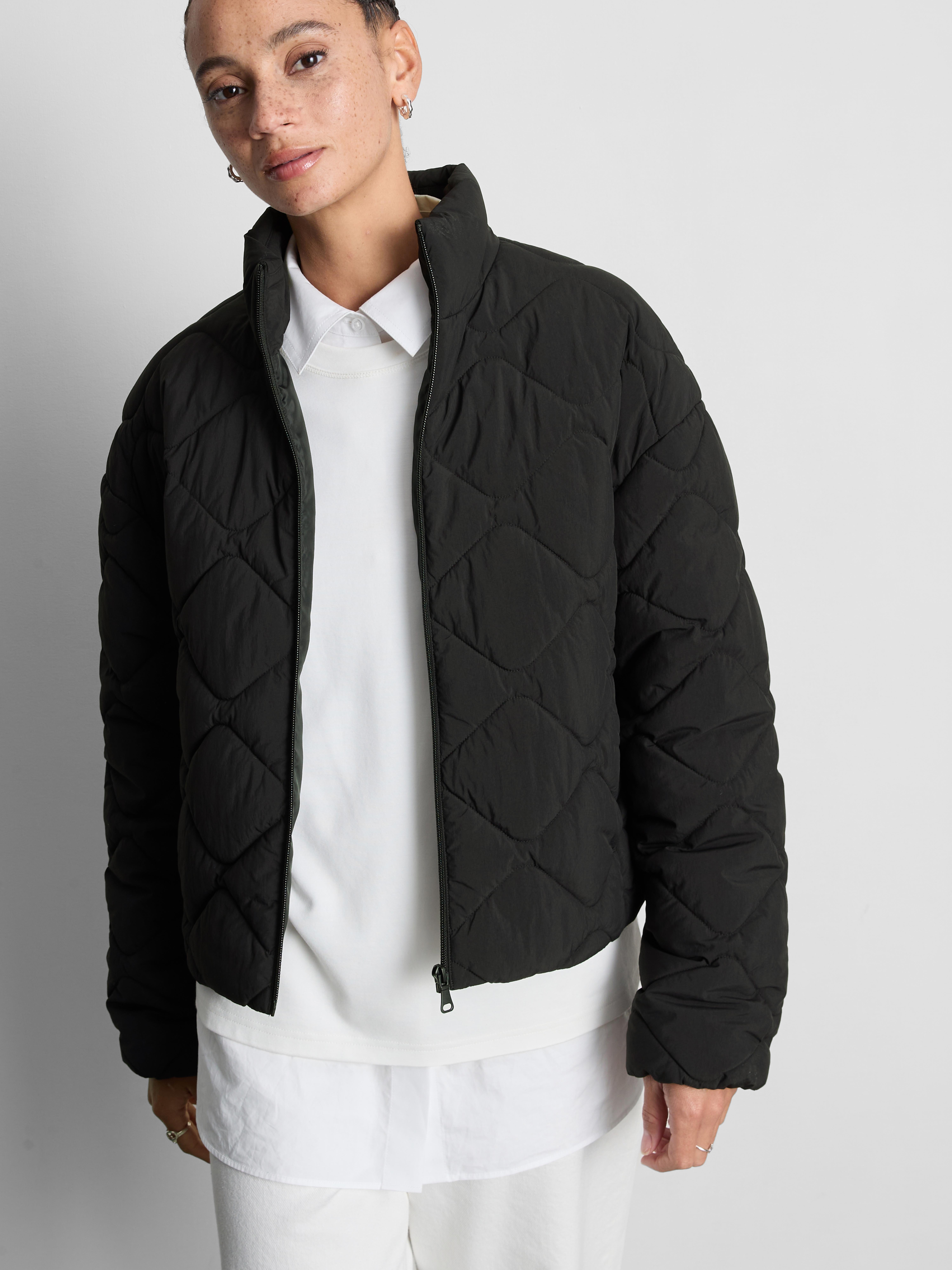 Quilted Funnel Neck Jacket - Black