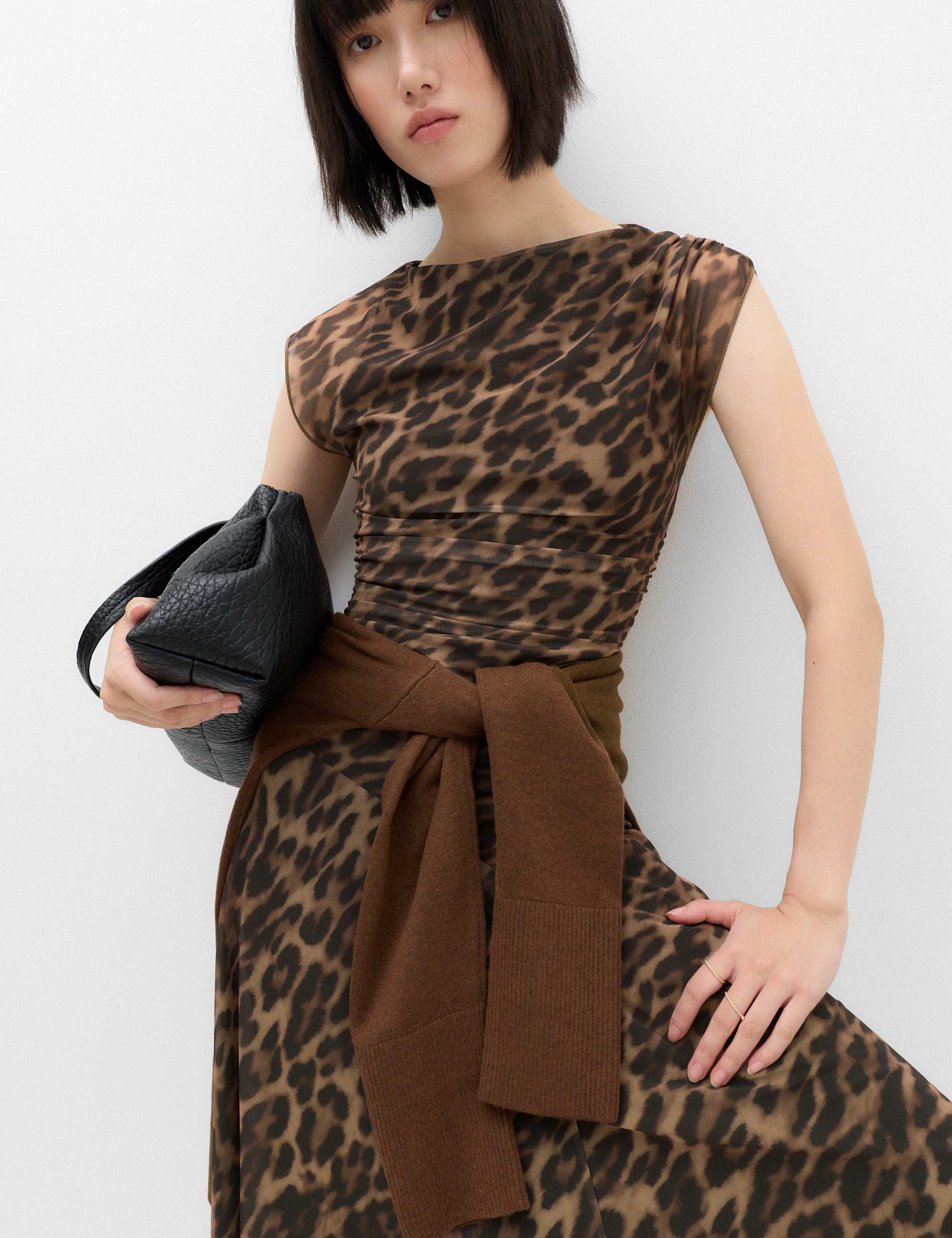 Animal Print Mesh Draped Midi Waisted Dress
